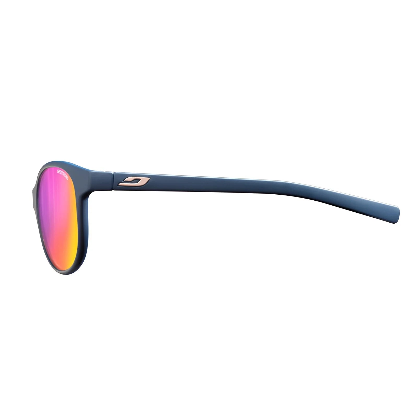 Side view of Julbo Lizzy Sunglasses in dark blue with Spectron 3 pink mirrored lenses, size 49, on a white background.