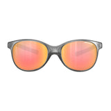 The Julbo Lizzy Sunglasses, Size 49, feature trendy black frames with orange Spectron 3 lenses set against a pristine white background.