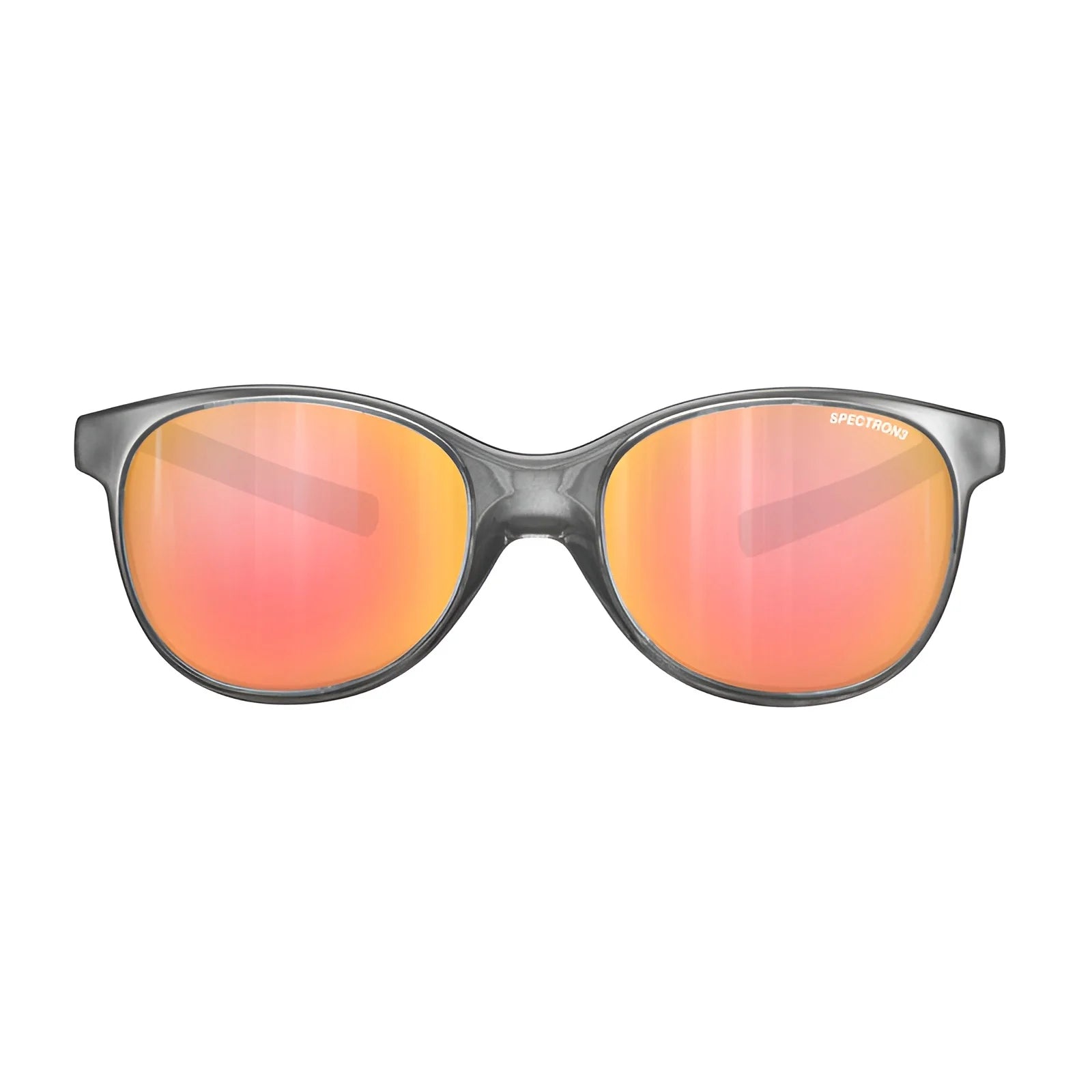 The Julbo Lizzy Sunglasses, Size 49, feature trendy black frames with orange Spectron 3 lenses set against a pristine white background.
