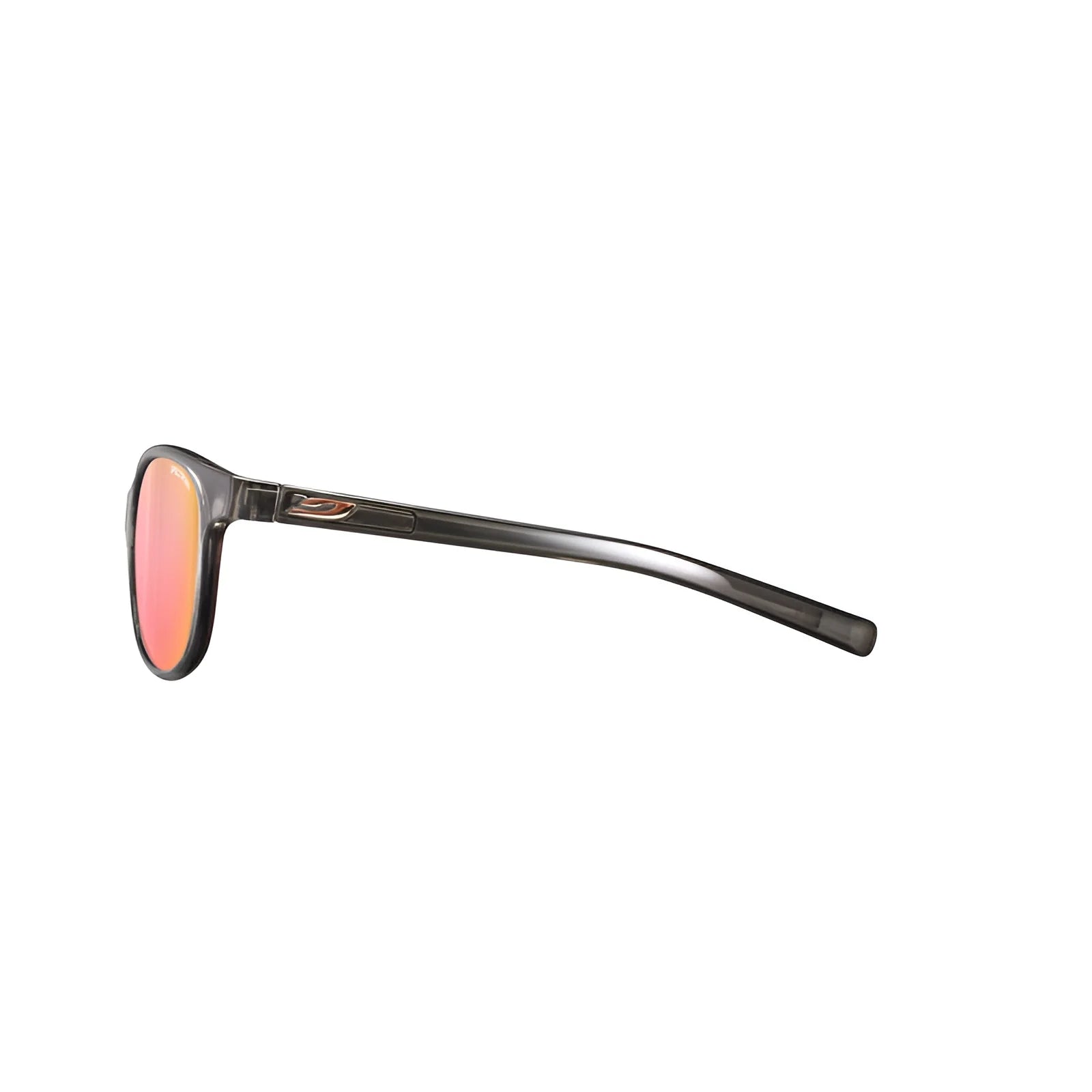 Side view of Julbo Lizzy Sunglasses (Size 49) featuring black frames and pink-tinted Spectron 3 lenses on a white background.