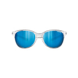 Julbo Lizzy Sunglasses, size 49, with Spectron 3 blue-tinted lenses and clear frames, elegantly displayed on a white background.