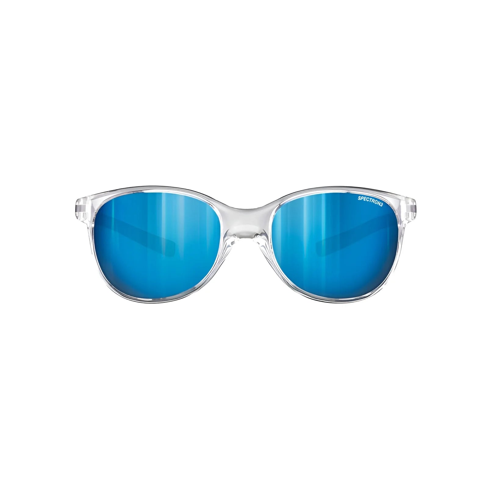 Julbo Lizzy Sunglasses, size 49, with Spectron 3 blue-tinted lenses and clear frames, elegantly displayed on a white background.