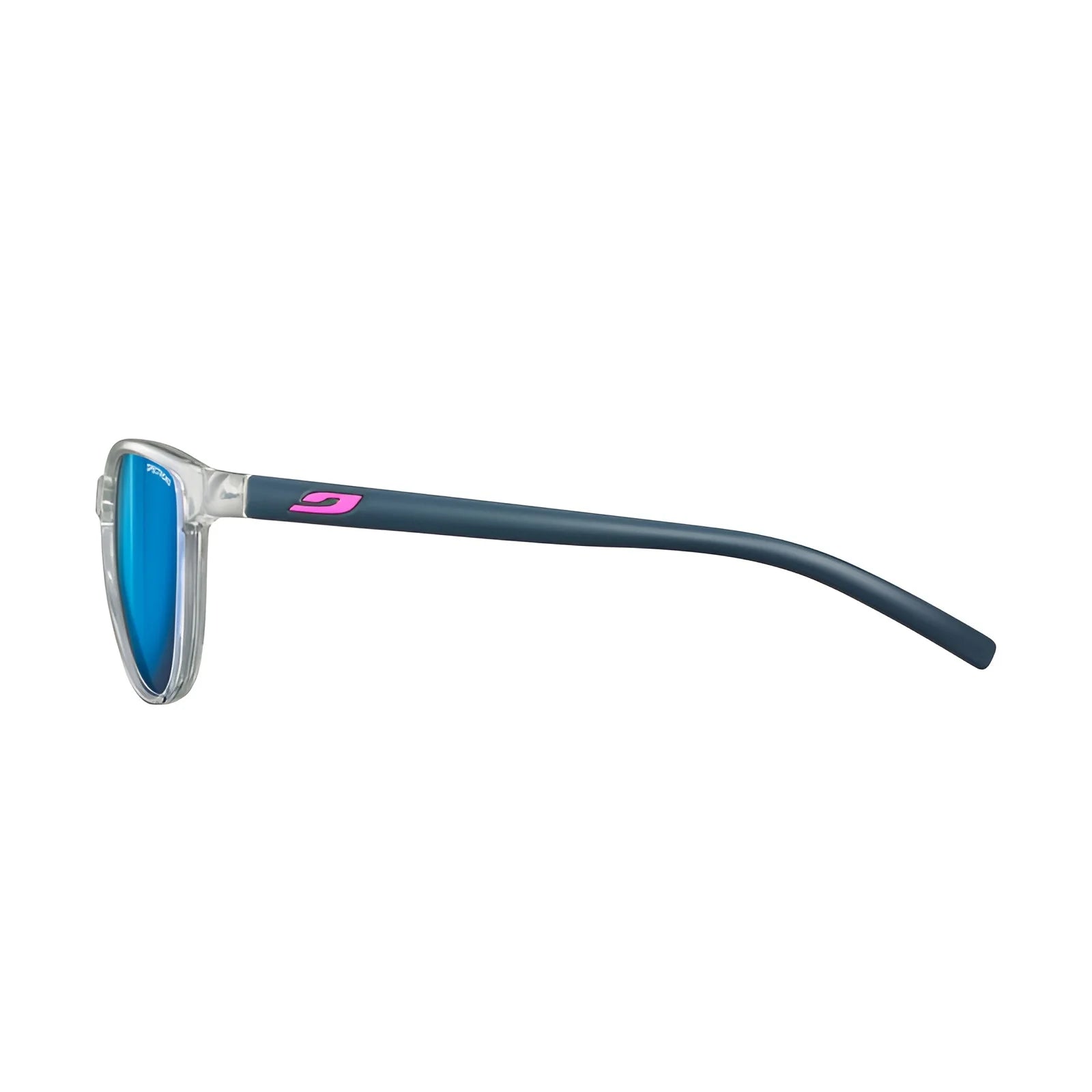 Side view of the Julbo Lizzy Sunglasses (Size 49) featuring Spectron 3 lenses with blue tint, a clear frame, and dark blue arms with a pink logo.