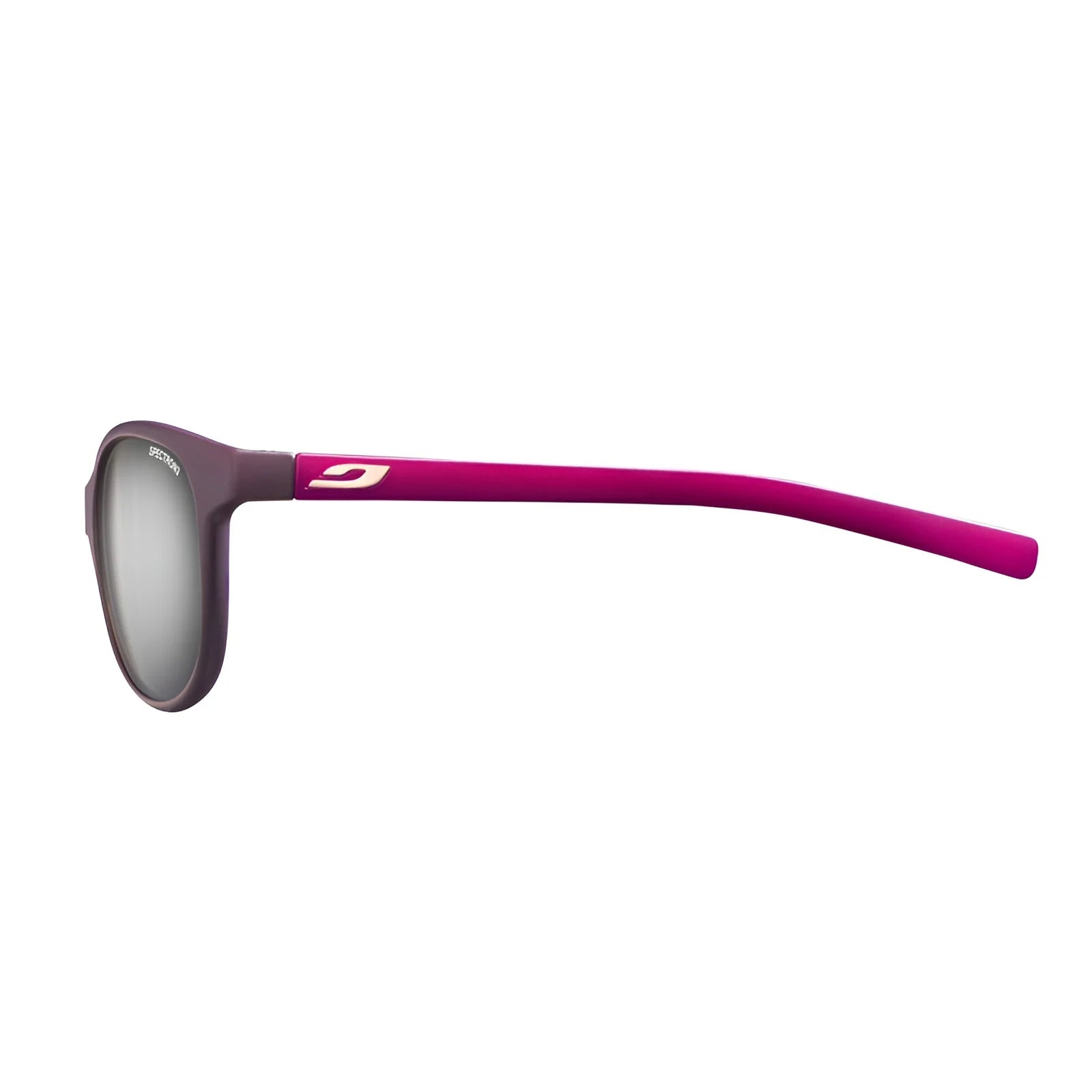 Side view of Julbo Lizzy Sunglasses, Size 49, showcasing trendy gray frames with pink arms and a small logo on the arm.