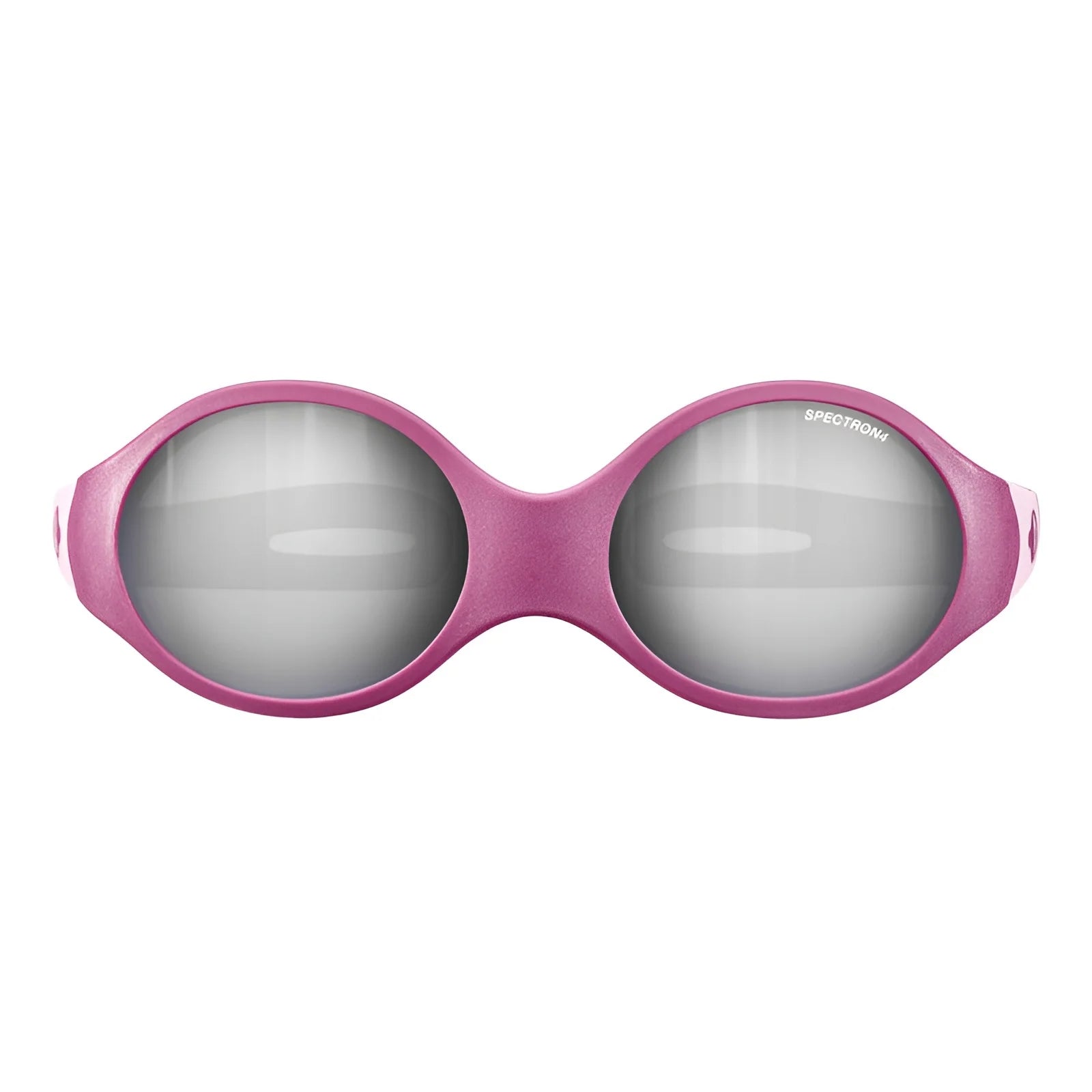 The Julbo Loop Sunglasses | Size 41, from Julbo, are chic pink, round sunglasses ideal for children. Featuring top-notch Spectron 4 lenses and a reversible frame, they're showcased against a white background for style and safety.