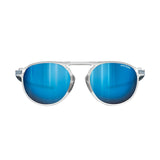 The Julbo Meta Sunglasses in size 55, featuring blue mirrored lenses and clear frames, present an urban look against a white background.