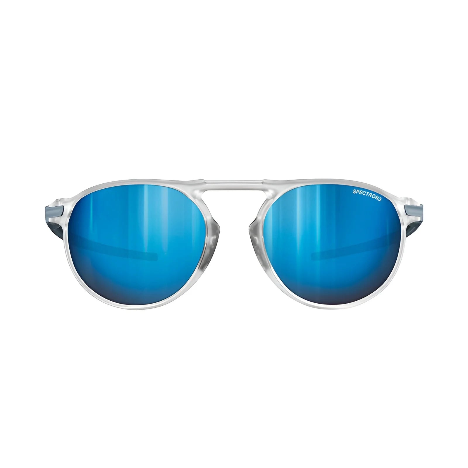 The Julbo Meta Sunglasses in size 55, featuring blue mirrored lenses and clear frames, present an urban look against a white background.