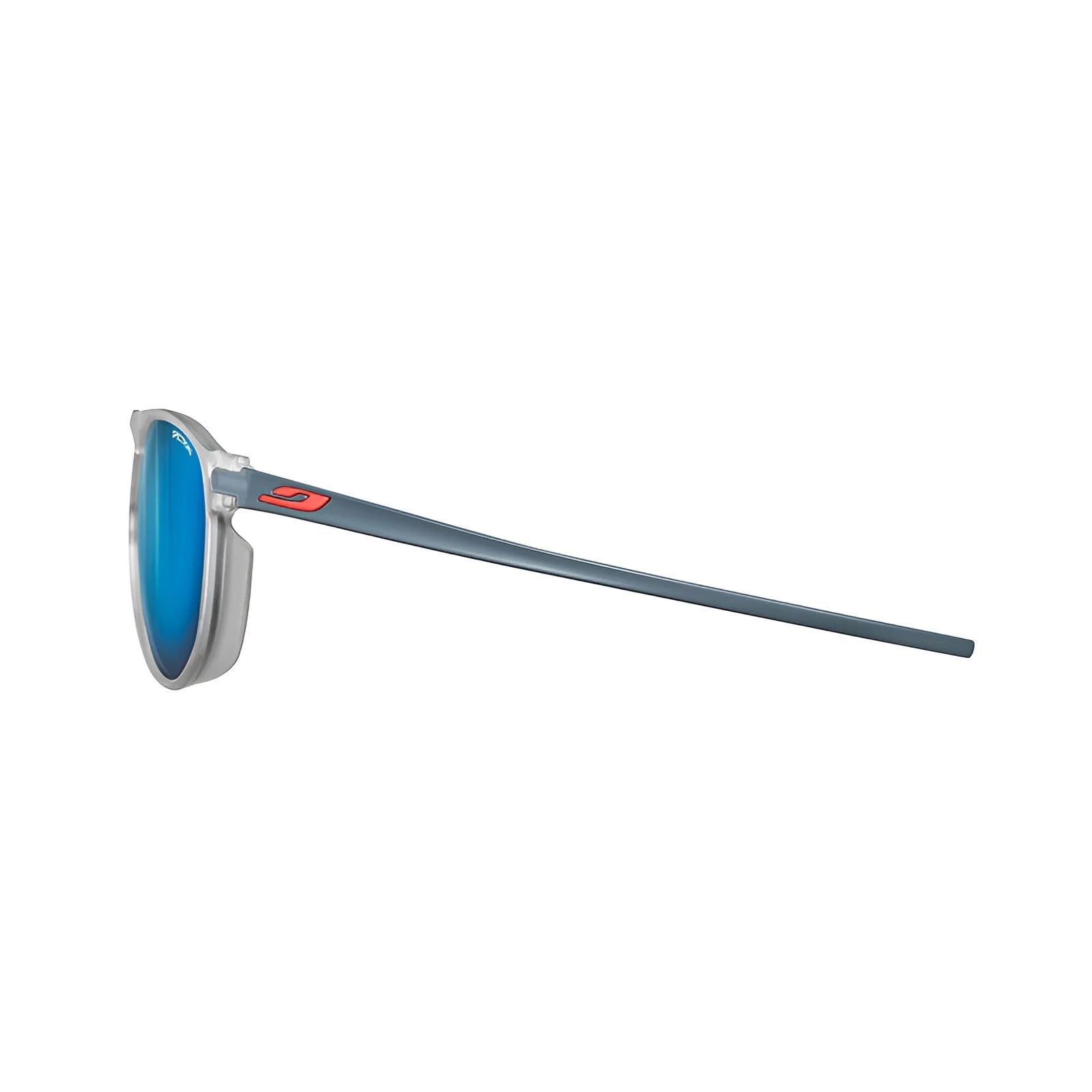 The Julbo Meta Sunglasses in size 55 boast a sleek side view with gray frames, blue lenses, and long thin arms featuring a red logo. Designed for an urban look, they include Grip Tech technology to ensure comfort and stability.