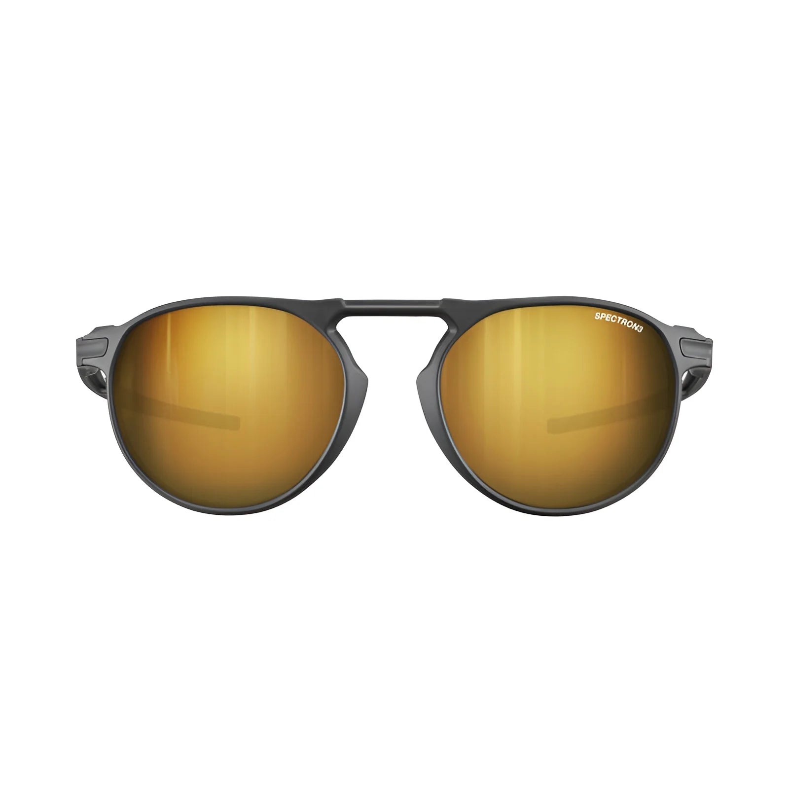 The Julbo Meta Sunglasses Size 55 feature round, gold-tinted lenses with a dark frame for an urban look, shown front-facing on a white background. Equipped with Grip Tech for added comfort and style.