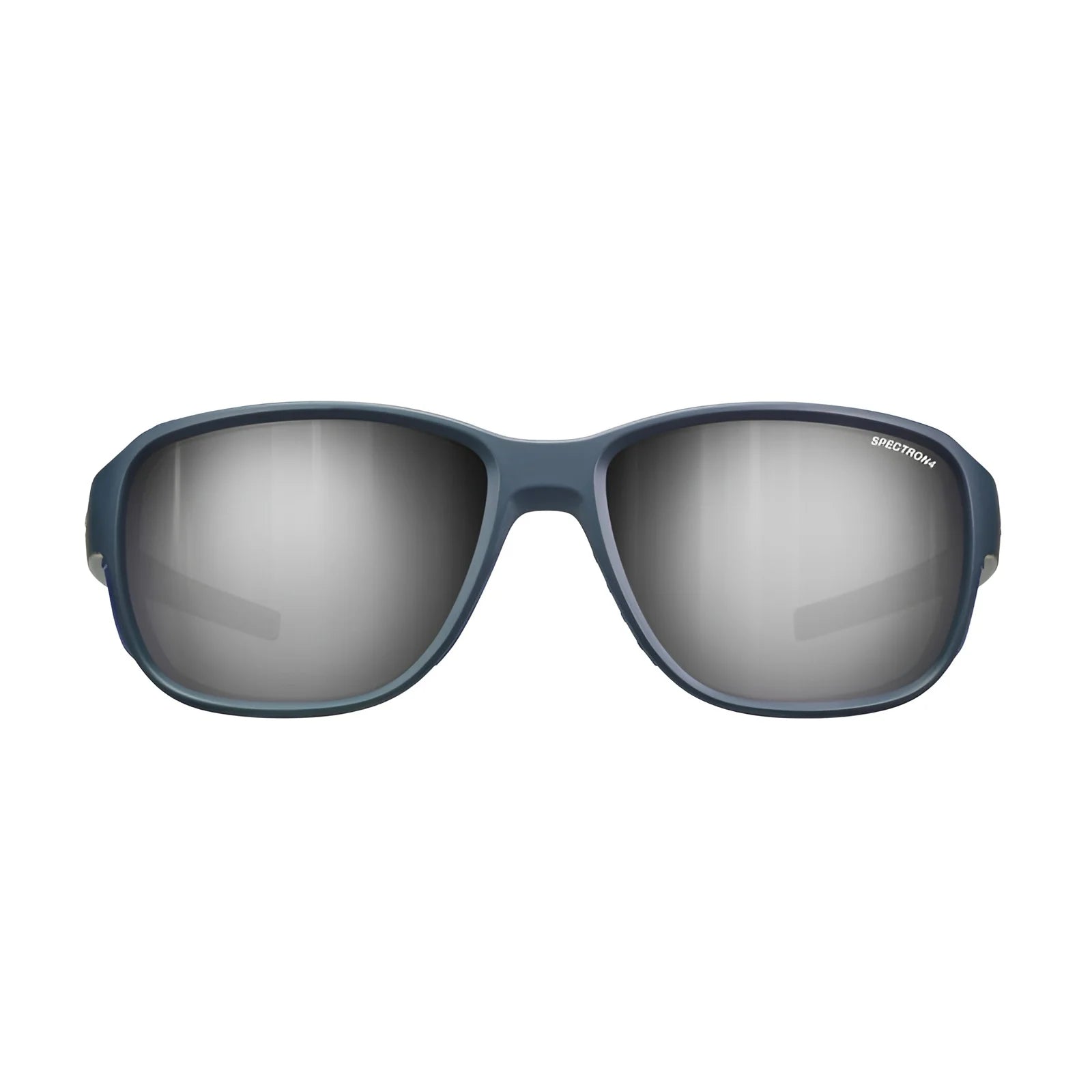 The Julbo Montebianco 2 Sunglasses feature a blue frame with reflective lenses, shown on a white background. Designed for mountain comfort, their protective style ensures safety under the sun.