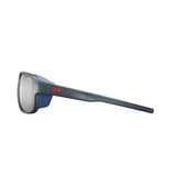 Side view of the sleek Julbo Montebianco 2 sunglasses, featuring gray lenses, blue arms, and red branding on the temple for mountain comfort.