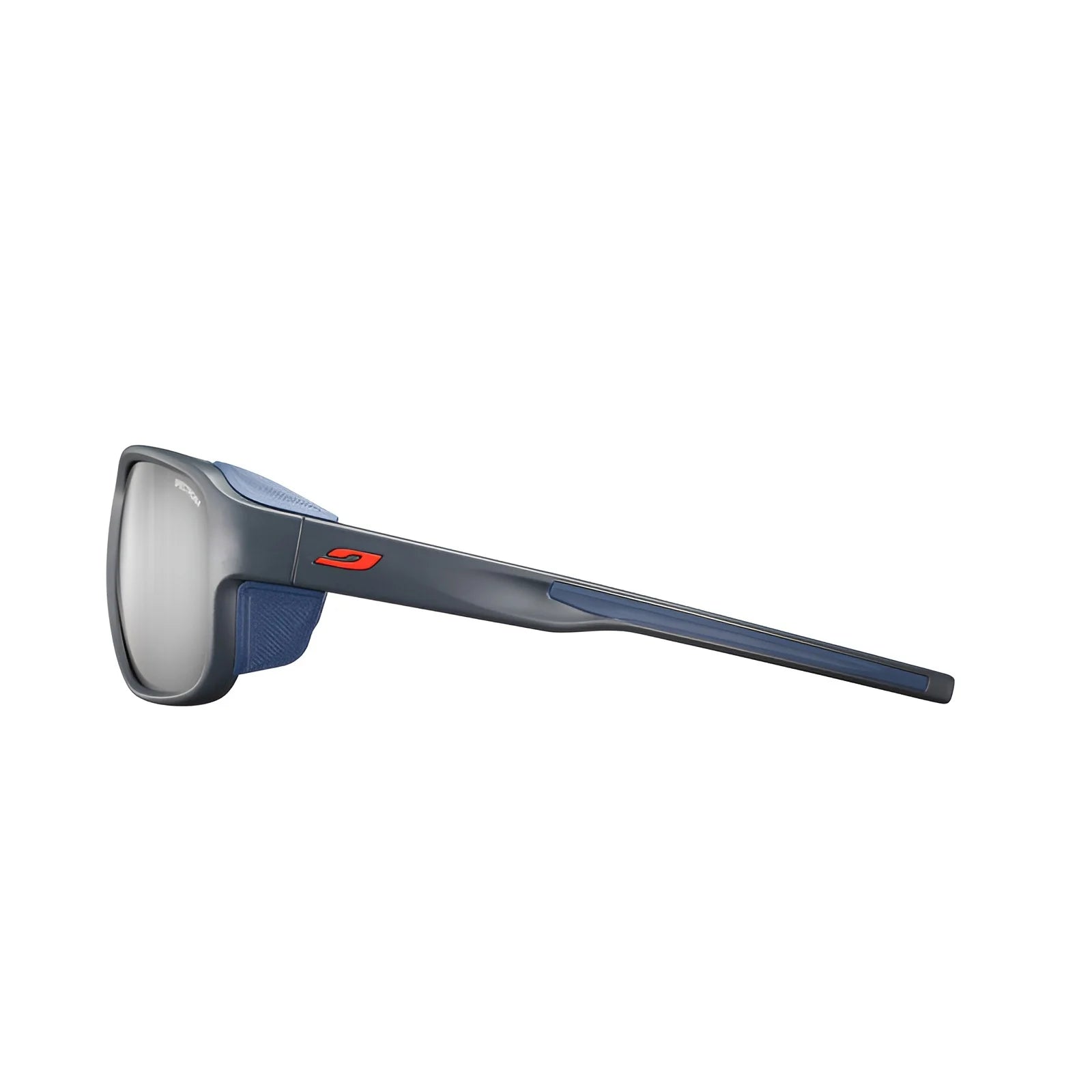 Side view of the sleek Julbo Montebianco 2 sunglasses, featuring gray lenses, blue arms, and red branding on the temple for mountain comfort.