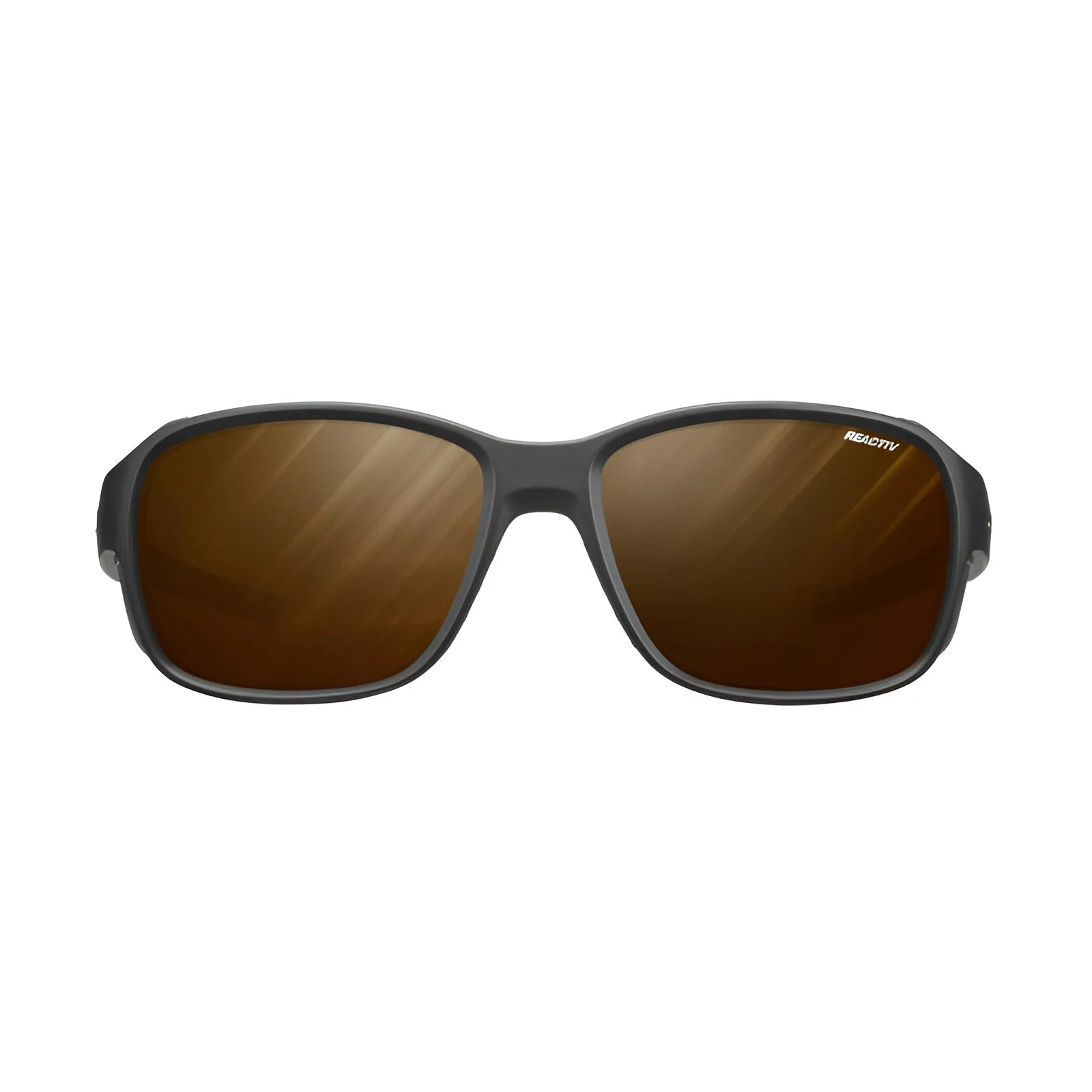 The Julbo Montebianco 2 Sunglasses, size 56, feature reflective bronze lenses in a black rectangular frame. Perfect for mountain comfort, these stylish shades offer a practical and protective design, all highlighted against a white background.