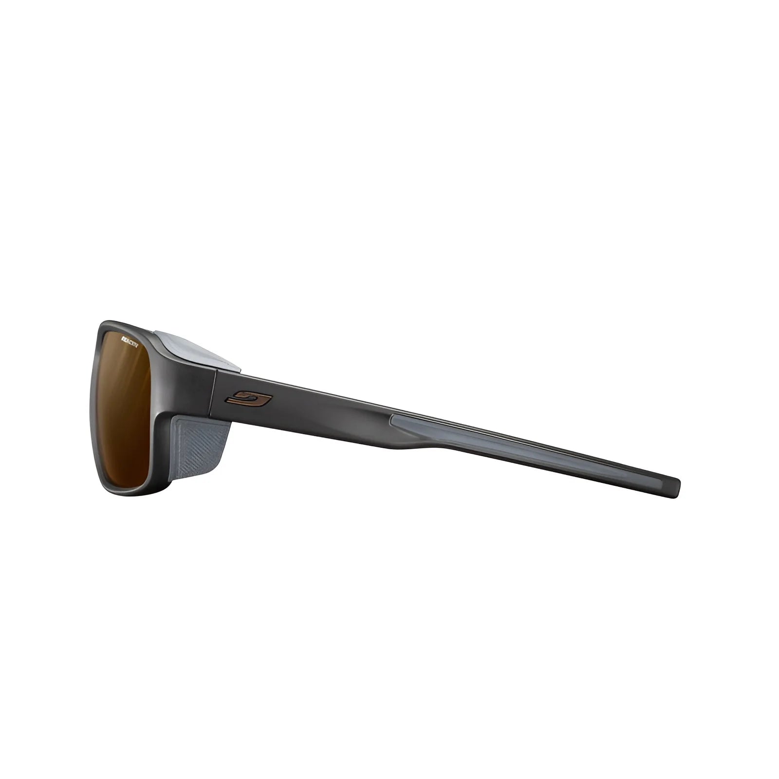 Side view of Julbo Montebianco 2 sunglasses showcasing a sleek, modern design with a gray frame and brown lenses, providing mountain comfort and protection.