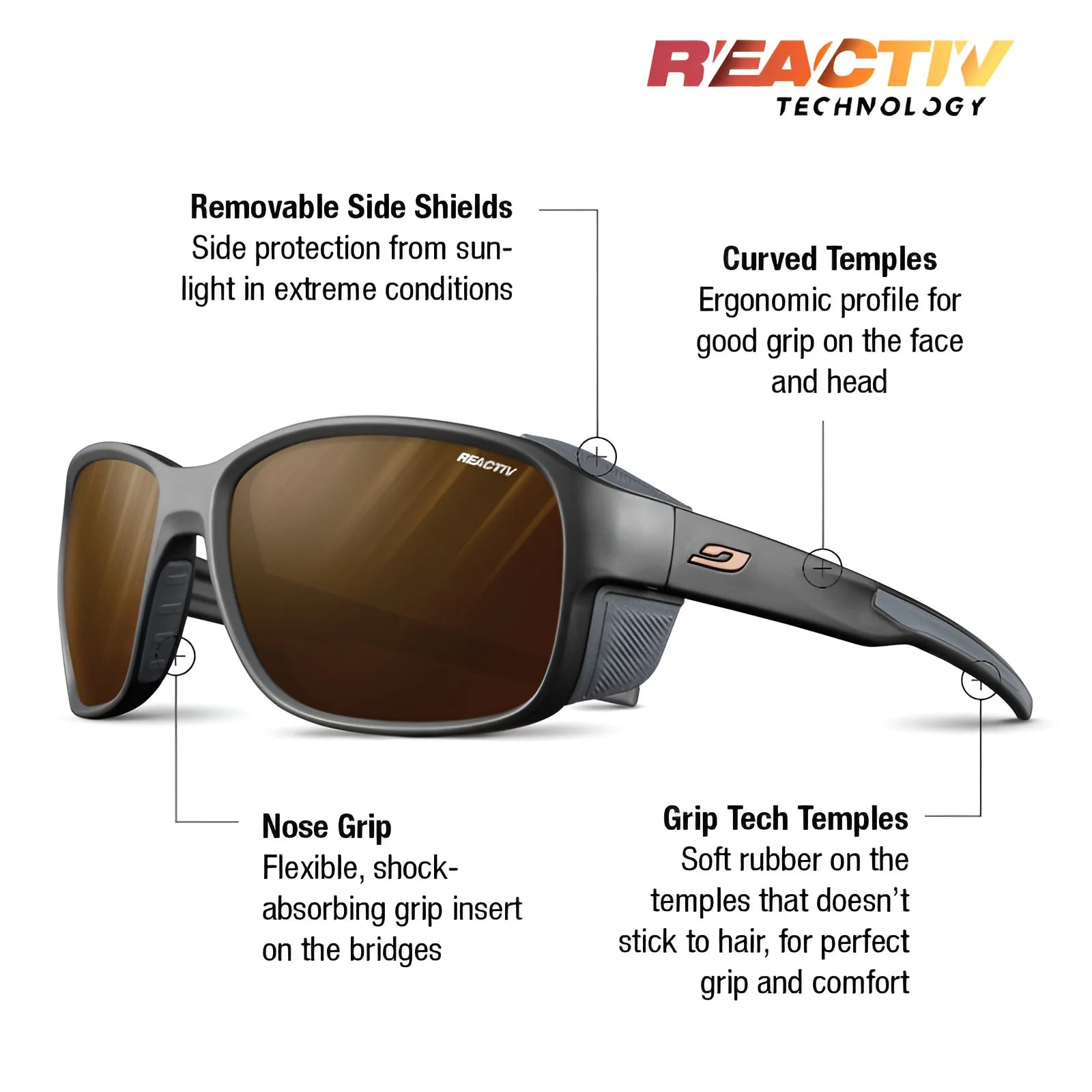 Experience mountain comfort with Julbo Montebianco 2 Sunglasses, featuring side shields and curved temples for protection. Enjoy a perfect fit with nose grip and grip tech temples, ensuring unmatched stability and comfort.