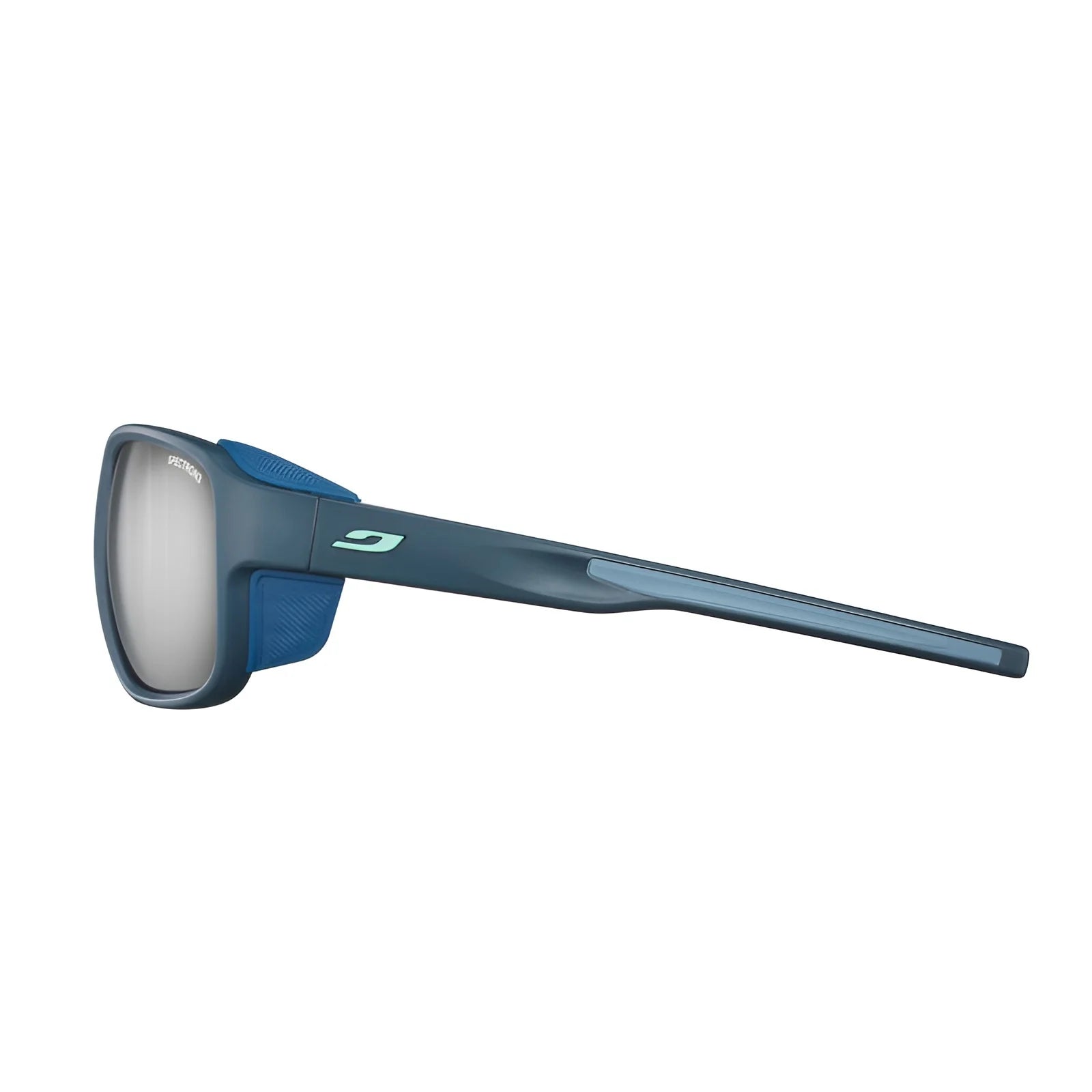 Blue Julbo Montebianco 2 Sunglasses with thick frames and rectangular lenses, presented side-on against a white background, blend style and comfort. Ideal for outdoor adventures, they combine mountain-ready fashion with functionality.