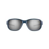 The Julbo Montebianco 2 Sunglasses, size 56, feature a blue frame and reflective lenses on a white background, offering protective mountain comfort.