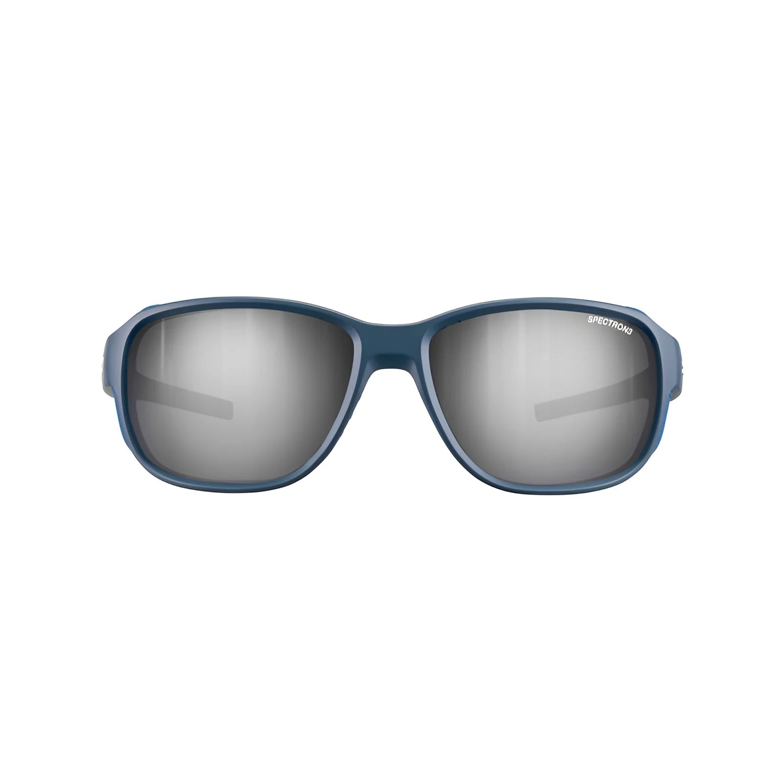 The Julbo Montebianco 2 Sunglasses, size 56, feature a blue frame and reflective lenses on a white background, offering protective mountain comfort.