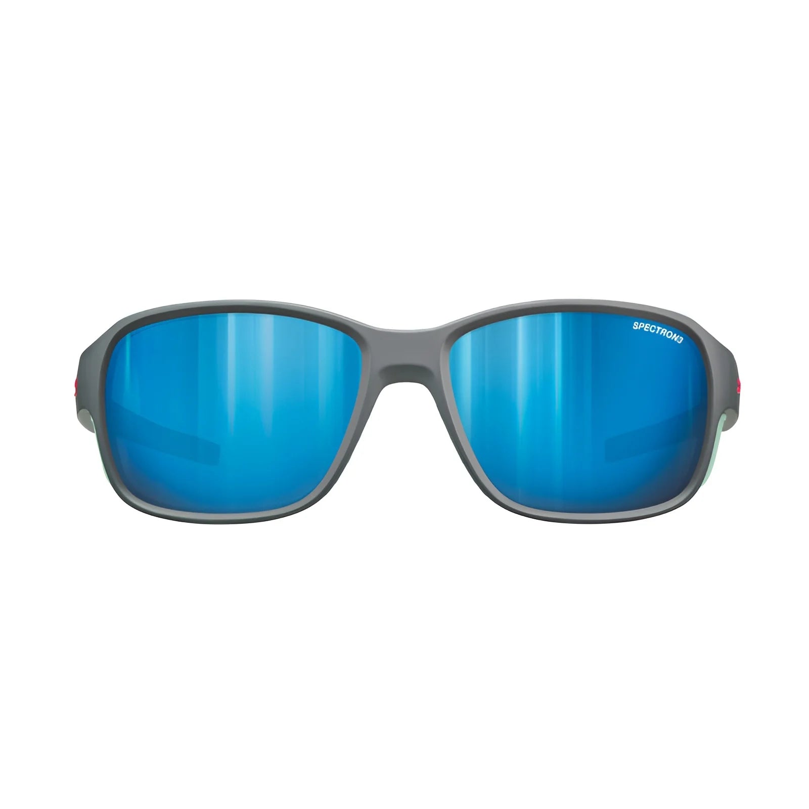 The Julbo Monterosa 2 sunglasses feature a protective design with blue lenses and a gray frame, displayed frontally against a white backdrop.