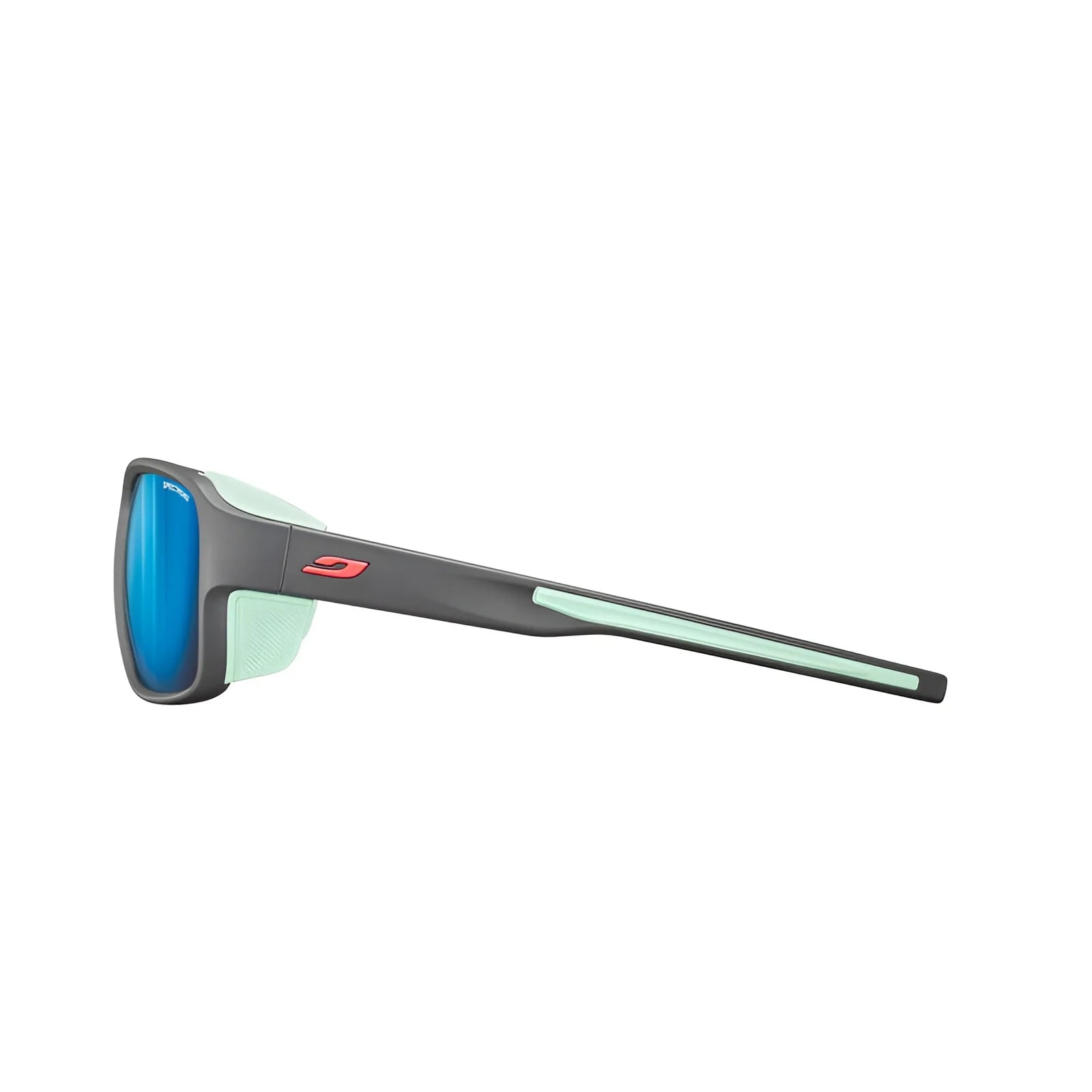 Side view of Julbo Monterosa 2 Sunglasses featuring blue lenses, a mint green and black frame, and a red logo on the temple, designed for mountain comfort and protection.