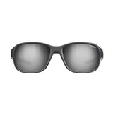 Front view of Julbo Monterosa 2 Sunglasses, Size 54, showcasing mirrored lenses with a sleek black frame. Crafted for mountain comfort, these sunglasses provide a protective design ideal for every adventure.