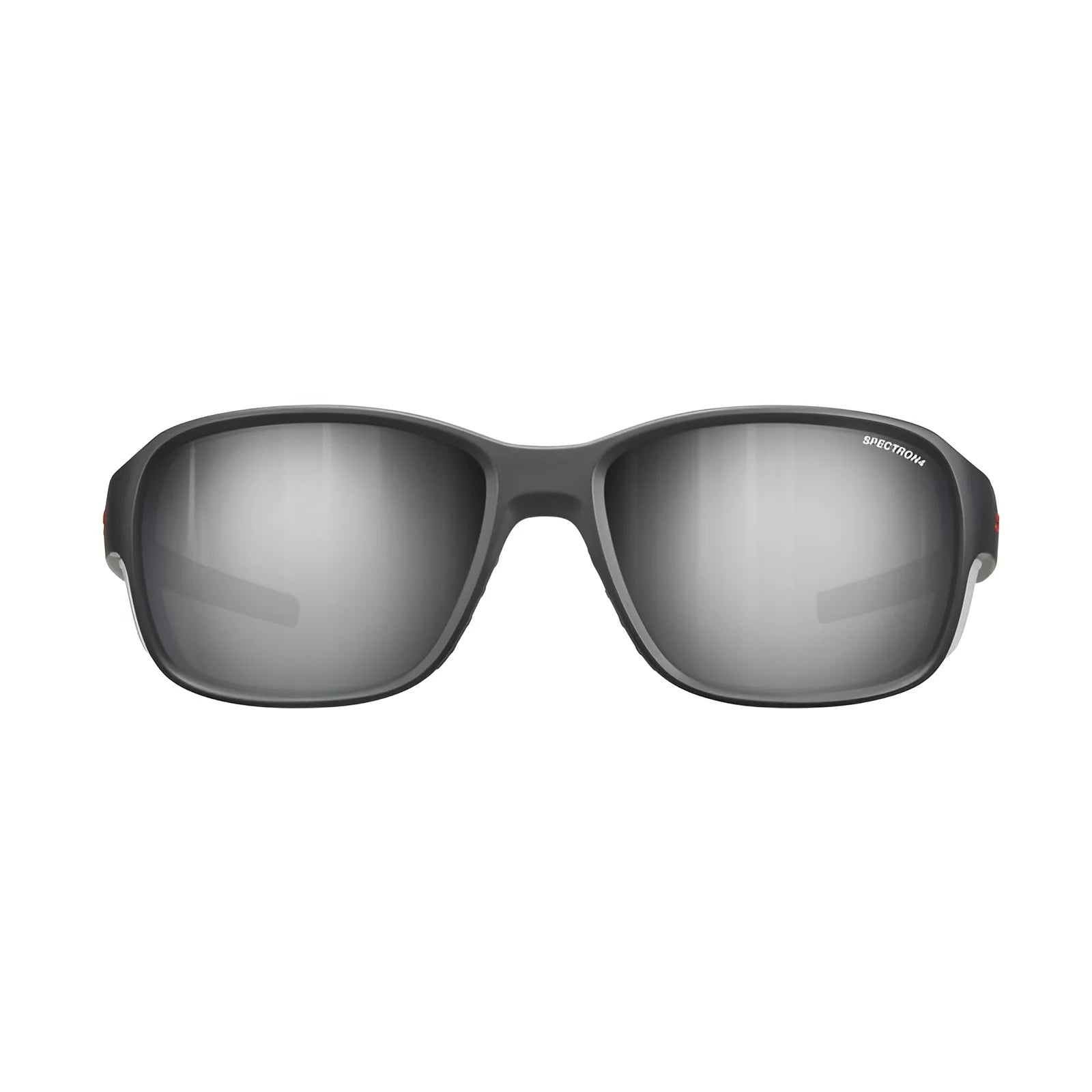 Front view of Julbo Monterosa 2 Sunglasses, Size 54, showcasing mirrored lenses with a sleek black frame. Crafted for mountain comfort, these sunglasses provide a protective design ideal for every adventure.