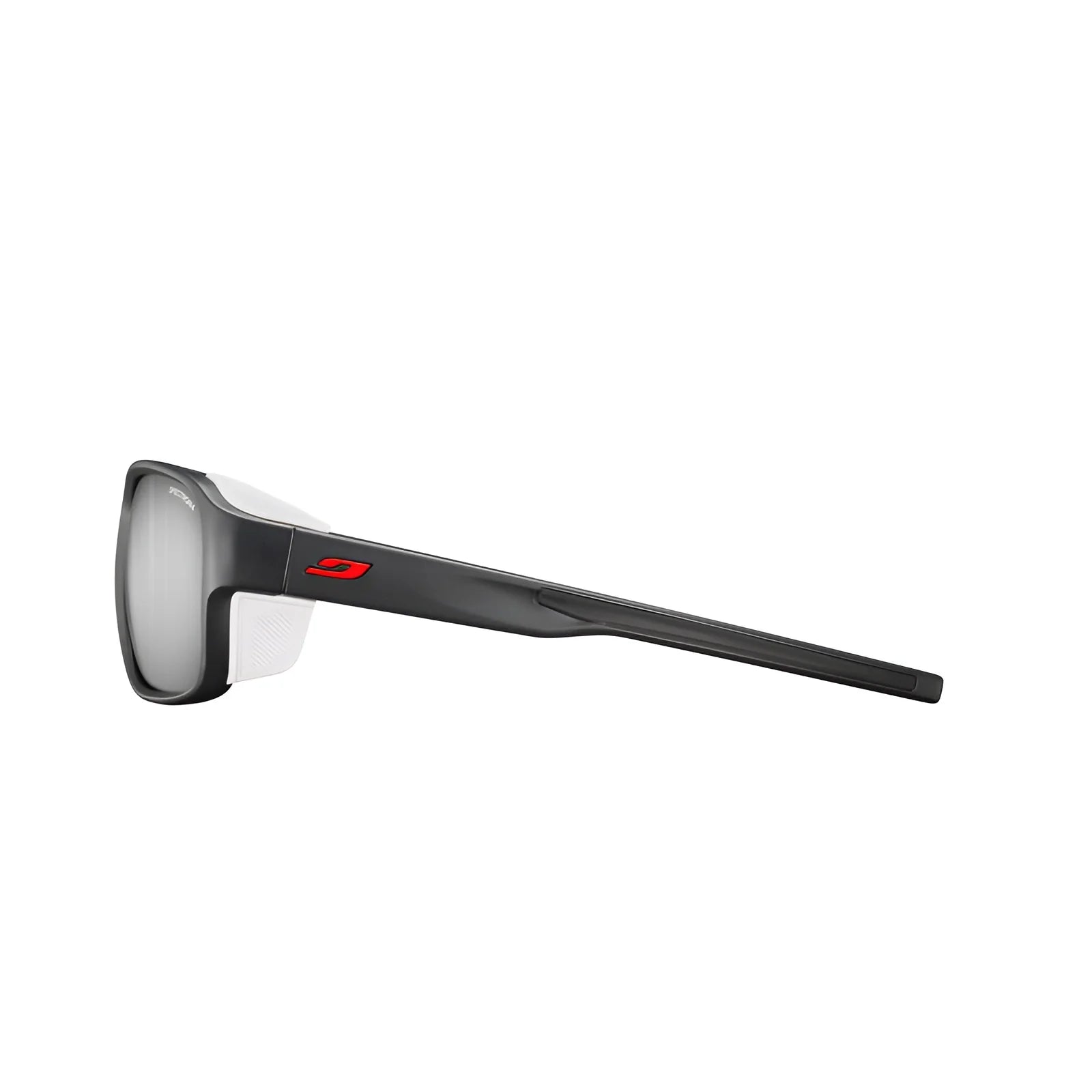 The Julbo Monterosa 2 Sunglasses in sleek black feature a red logo on the temple, offering a protective design that ensures ultimate mountain comfort.