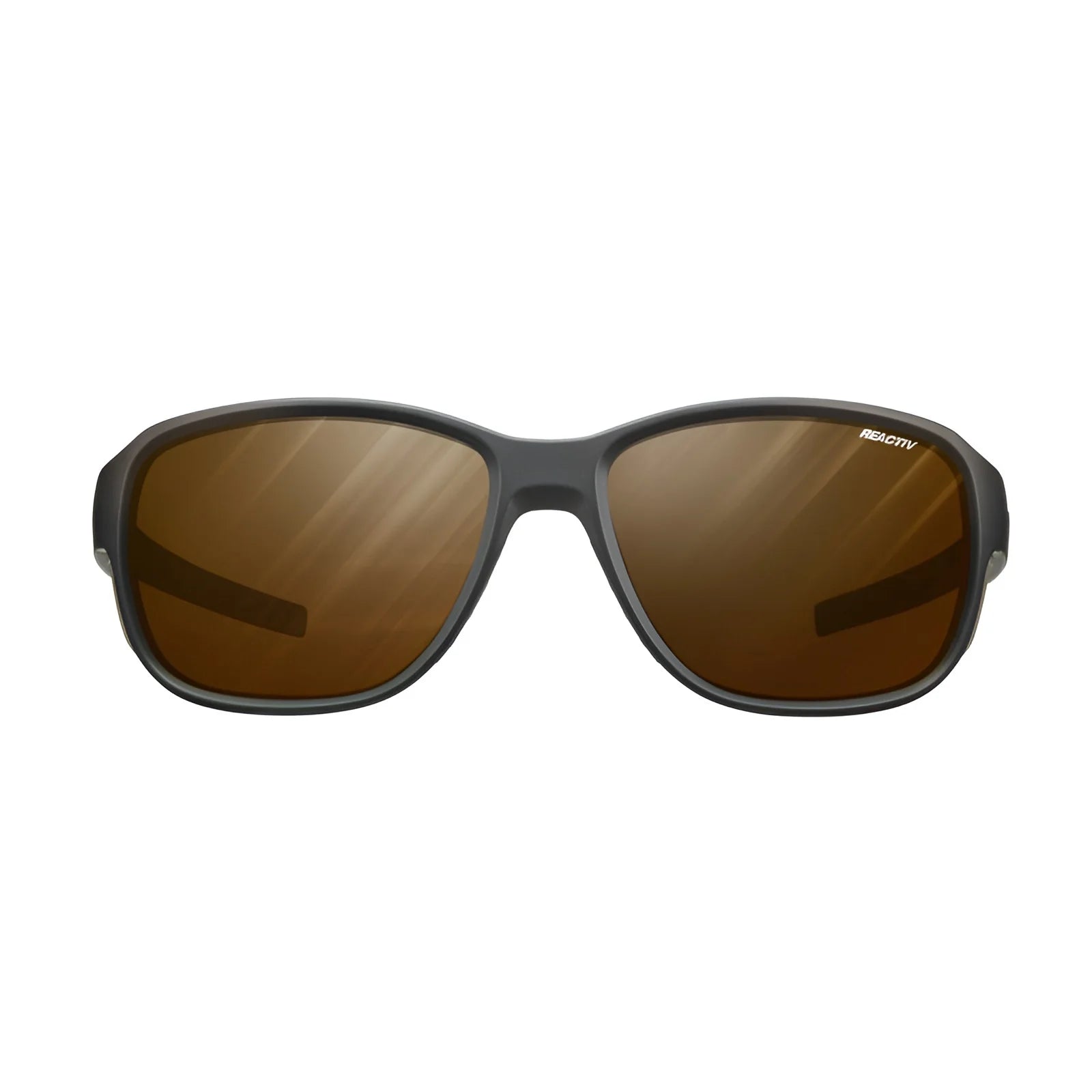 Julbo Monterosa 2 Sunglasses (Size 54) feature a black frame with brown lenses, ensuring a protective design for ultimate mountain comfort, set against a crisp white background.