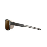 Side view of Julbo Monterosa 2 Sunglasses (Size 54) in sleek black with brown lenses and white accents, showcasing a protective design, on a white background.