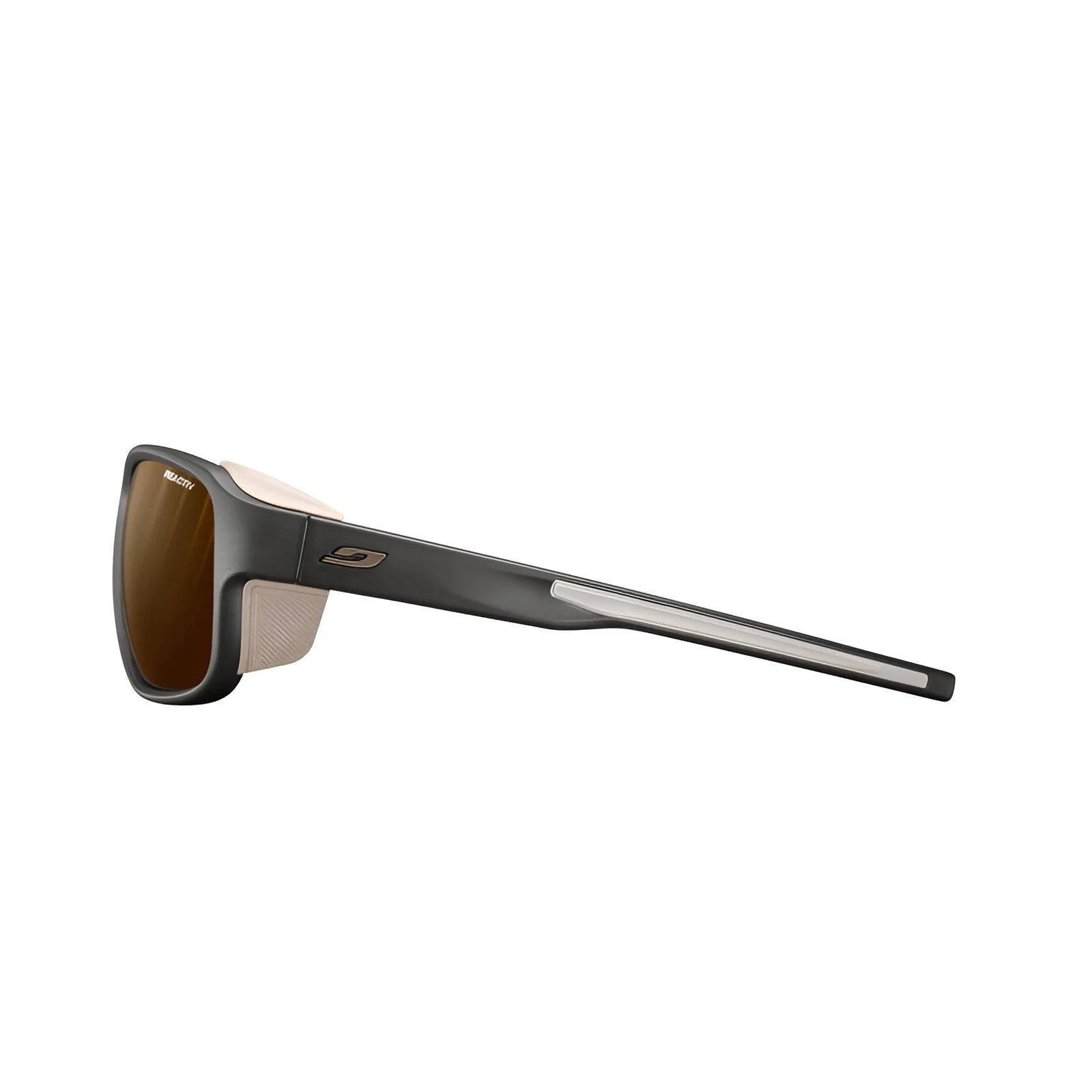 Side view of Julbo Monterosa 2 Sunglasses (Size 54) in sleek black with brown lenses and white accents, showcasing a protective design, on a white background.