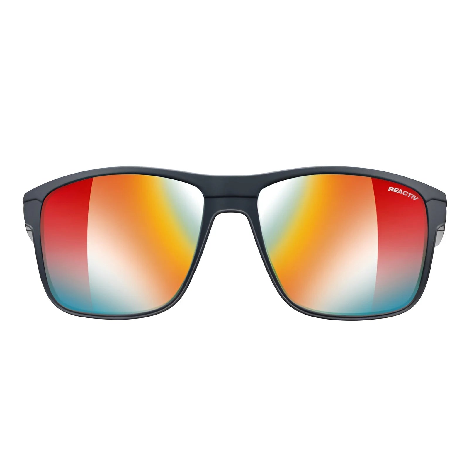 The Julbo Renegade Sunglasses | Size 61, by Julbo, feature black frames and reflective lenses that display a stunning gradient of red, orange, and blue hues. With Grip Tech Temples for a secure fit, these sunglasses are perfect for any adventure.
