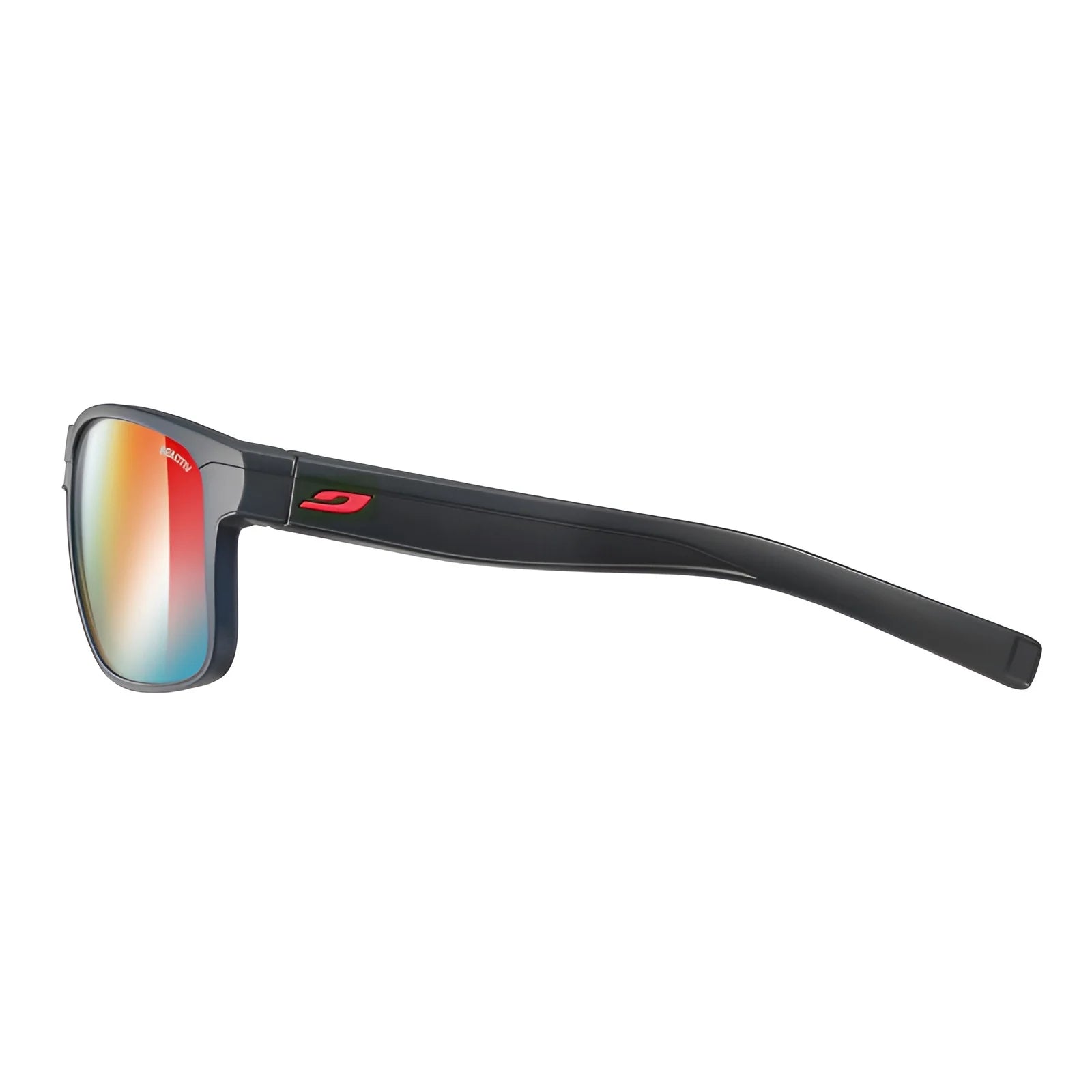 Side view of Julbo Renegade Sunglasses | Size 61, featuring mirrored lenses with a red-orange-blue gradient. Designed with Grip Tech Temples for comfort and stability, perfect for any adventure.