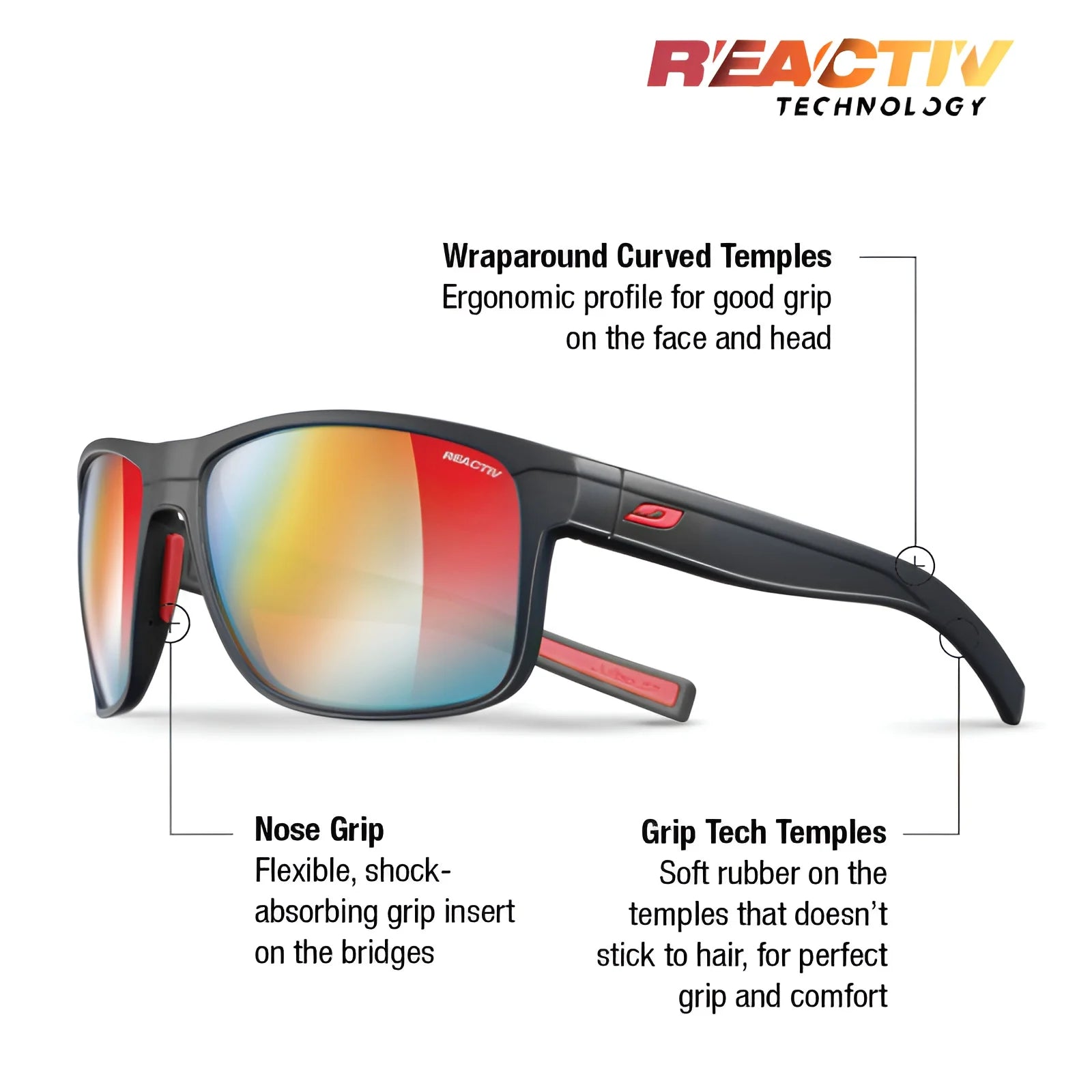 Introducing the Julbo Renegade Sunglasses, perfect for adventure with stylish red-mirrored lenses and a sleek black frame. Designed with Grip Tech Temples and an ergonomic nose grip, they ensure comfort and stability on all your journeys. Size 61 by Julbo.