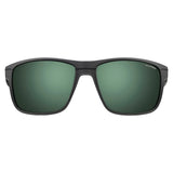 The Julbo Renegade Sunglasses, Size 61, are black rectangular frames with green polarized lenses. They feature Grip Tech Temples for a secure fit during active pursuits, making them perfect for those seeking stylish and stable eyewear on the go.