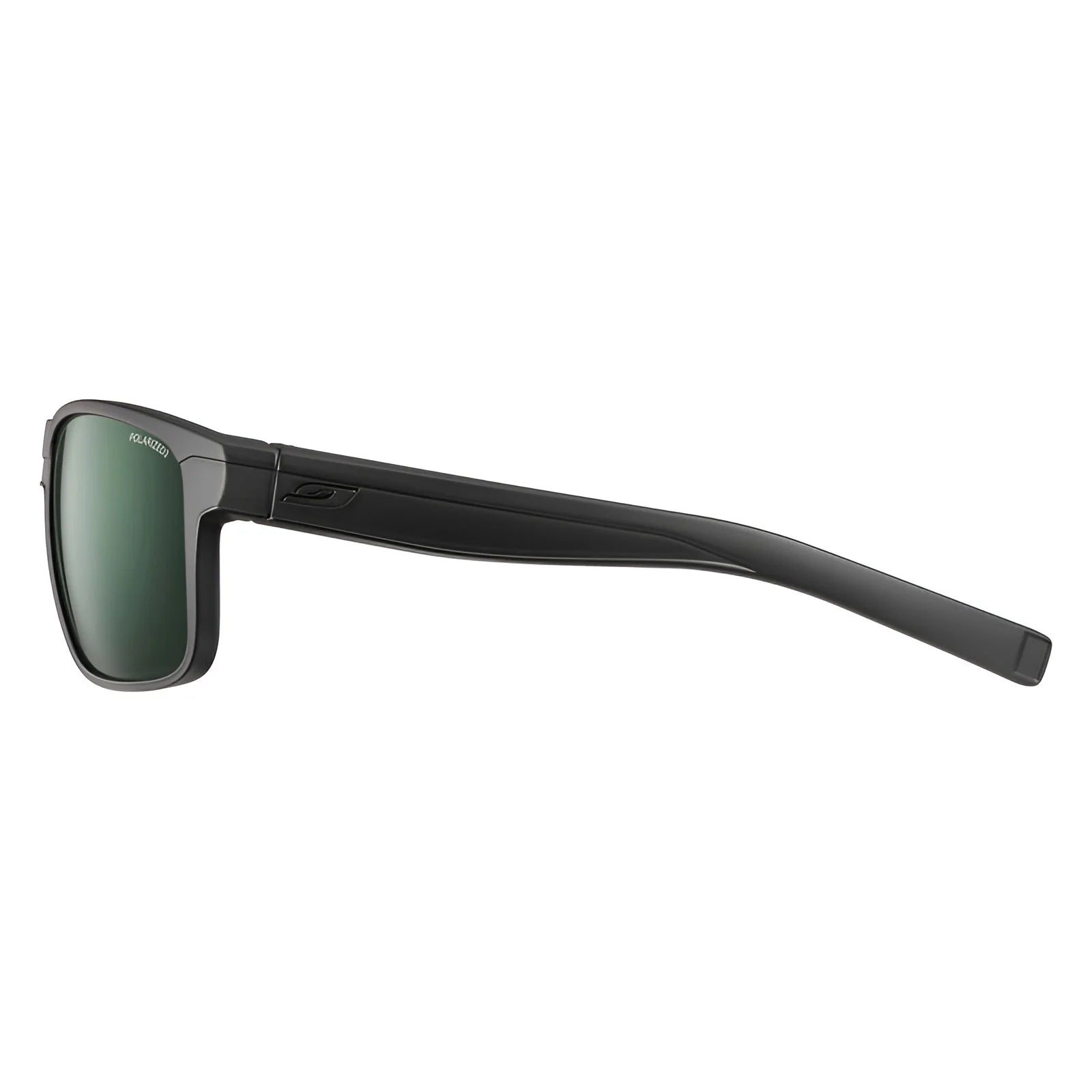 Julbo Renegade Sunglasses, Size 61, feature sleek black frames with rectangular green REACTIV photochromic lenses and show a side view of the extended arm equipped with Grip Tech Temples.