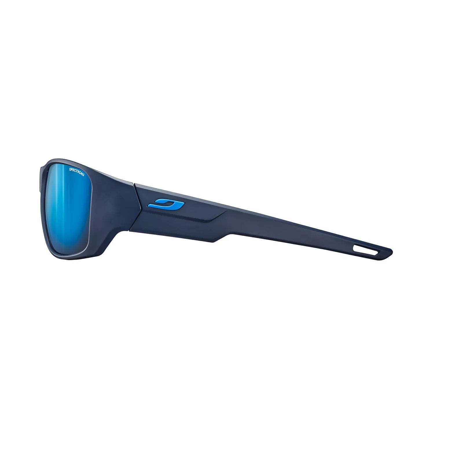 The Julbo Rookie 2 Sunglasses in size 58 feature the innovative Julbo sun technology with REACTIV lenses and a sleek, modern blue design set on a white background.