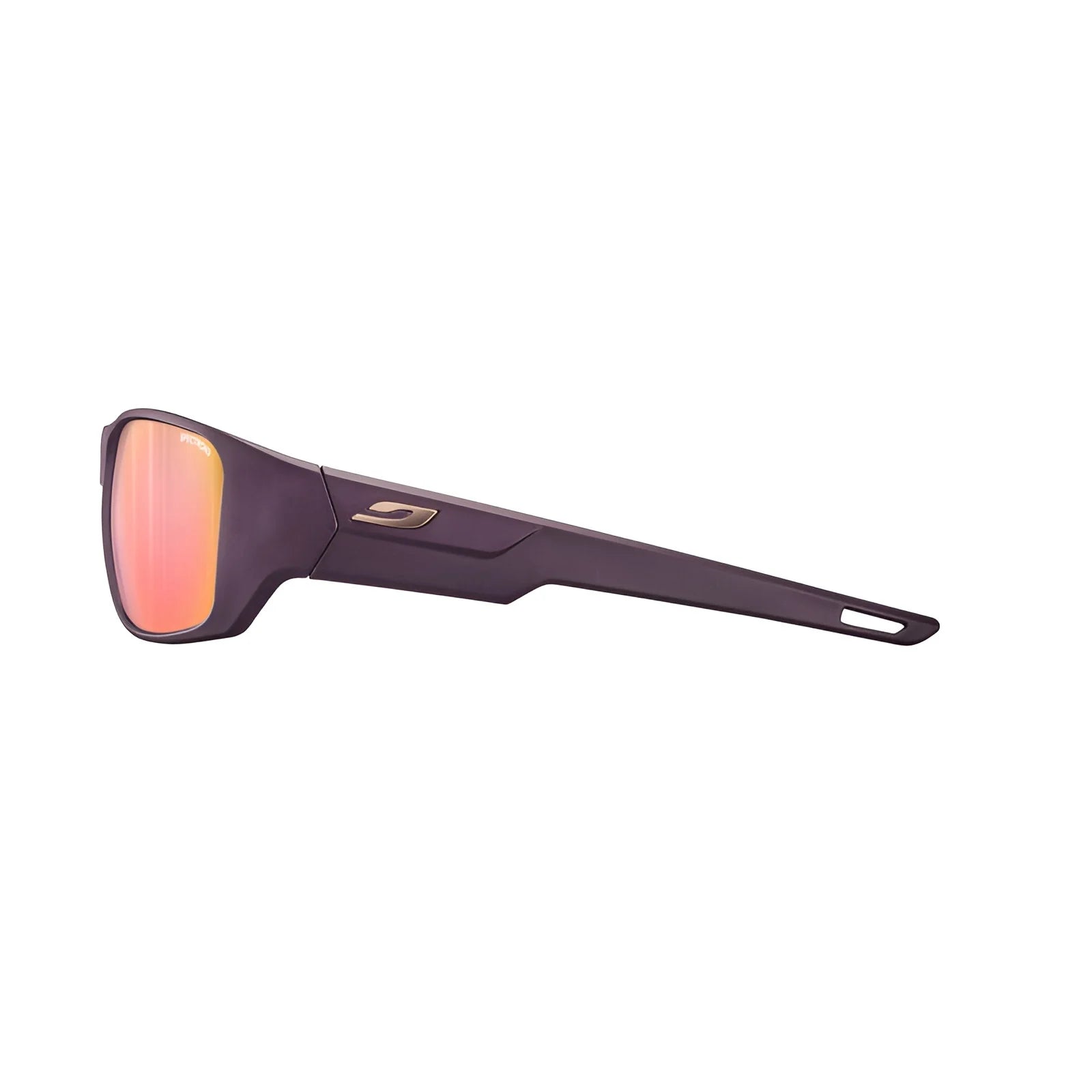 Side view of Julbo Rookie 2 Sunglasses in black with REACTIV lenses, an ergonomic design, and red-tinted shades enhanced by Julbo's sun technology.