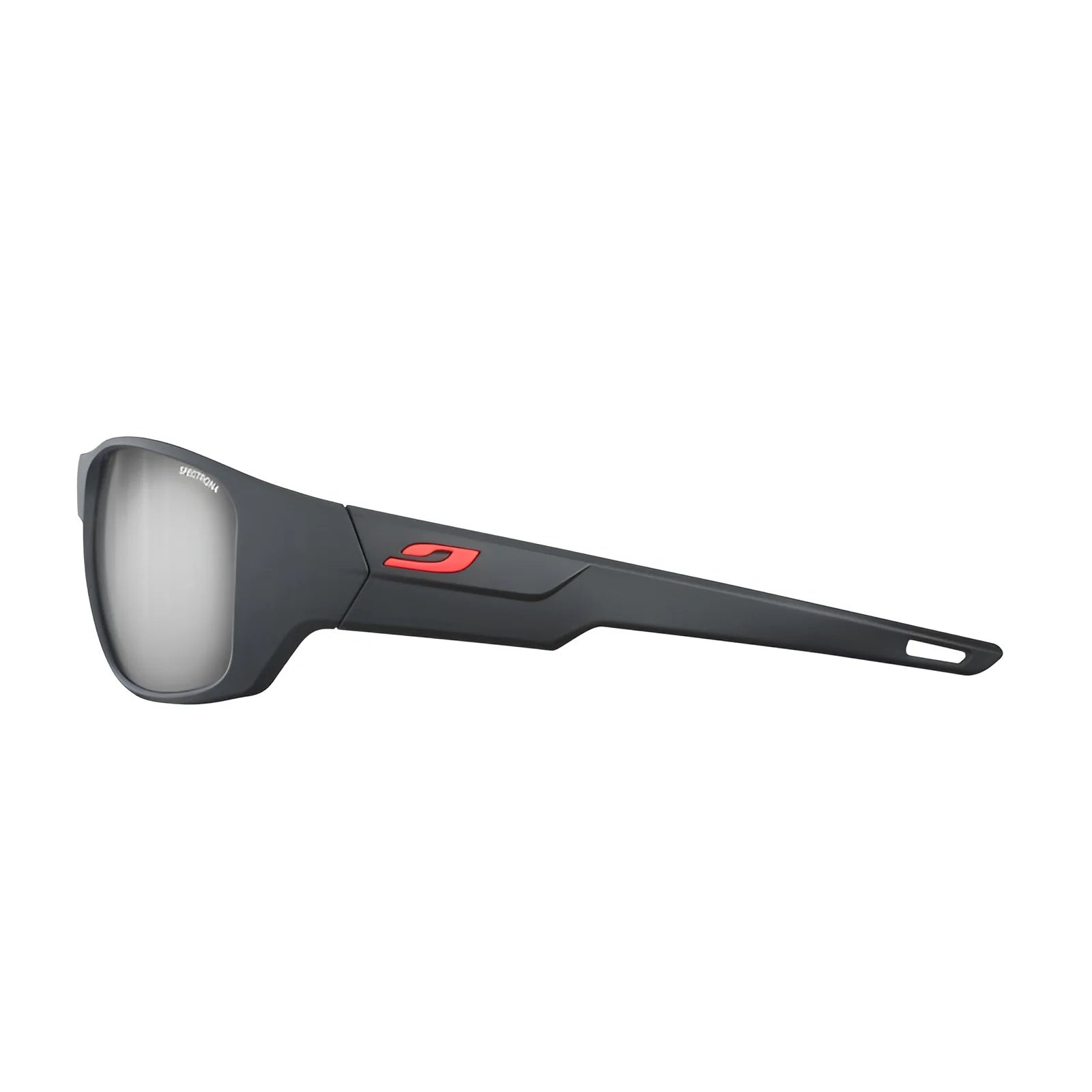 Julbo Rookie 2 Sunglasses in size 58 showcase an ergonomic design with sleek black frames, mirrored REACTIV lenses, and a bold red logo on the temple.