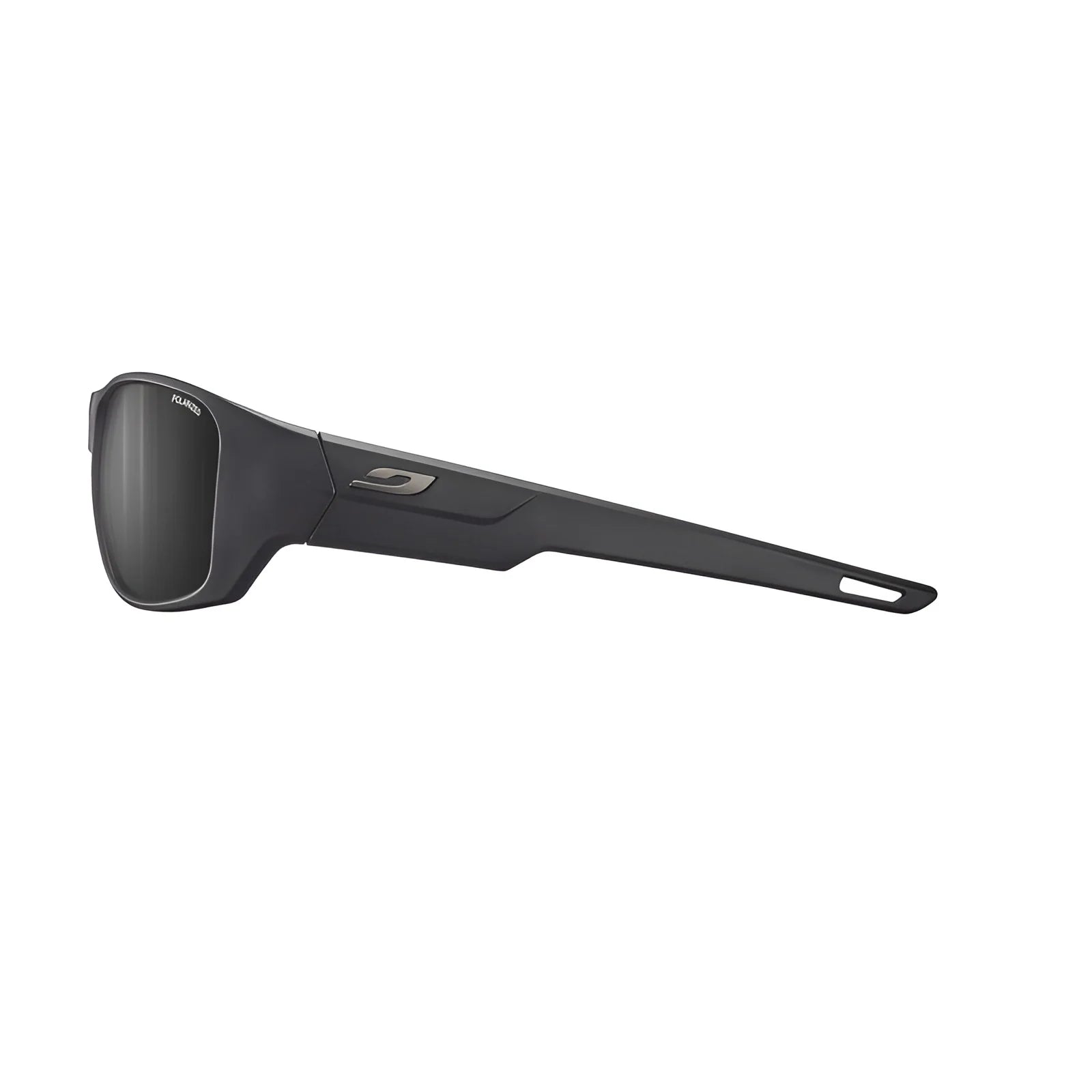 A side view of the ergonomic, rectangular Julbo Rookie 2 Sunglasses in sleek black highlighting REACTIV lenses for superior clarity and adaptability against a white background. Size: 58.
