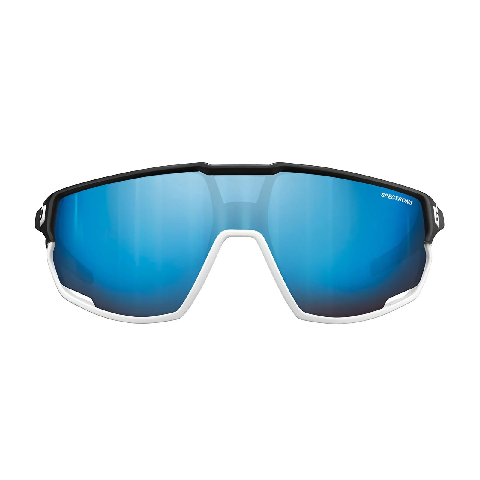 The Julbo Rush Sunglasses, from the renowned brand Julbo, feature blue mirrored photochromic lenses and a sleek white frame, presented against a pristine white background.