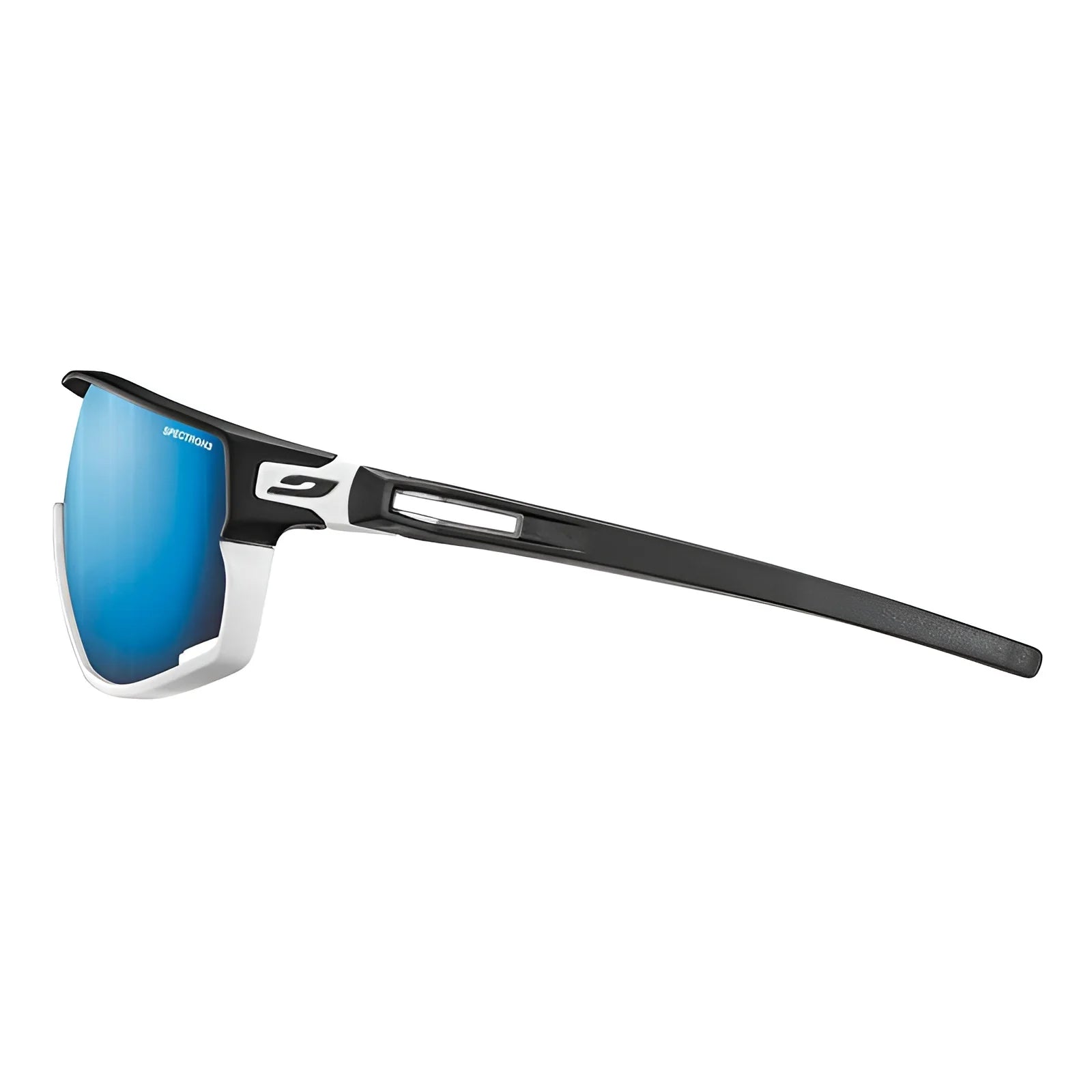 Side view of Julbo Rush Sunglasses in sleek black and white, featuring blue mirrored photochromic lenses and adjustable temples by Julbo.