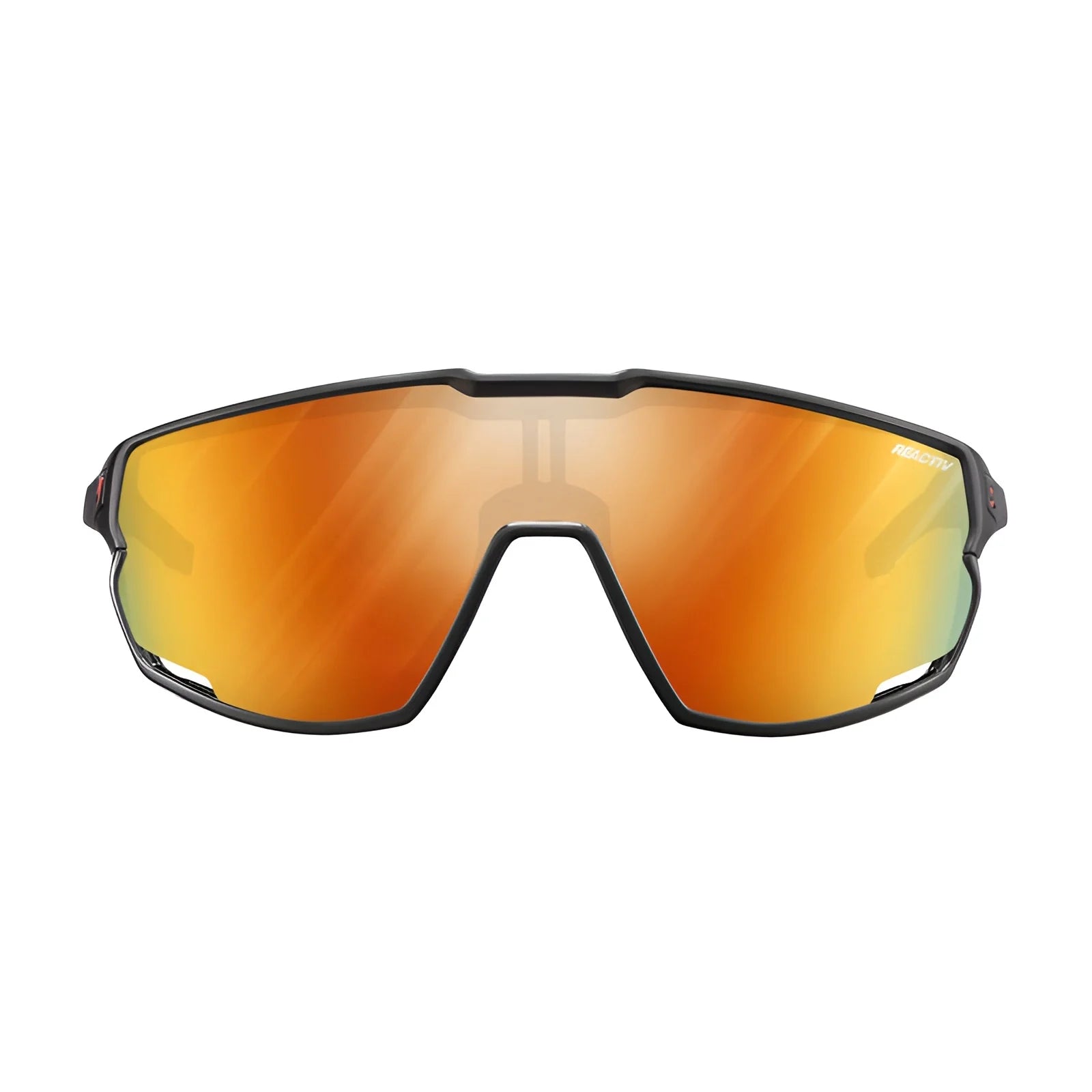 The Julbo Rush Sunglasses feature orange mirrored lenses, a sleek black frame, and adjustable temples for a perfect fit.