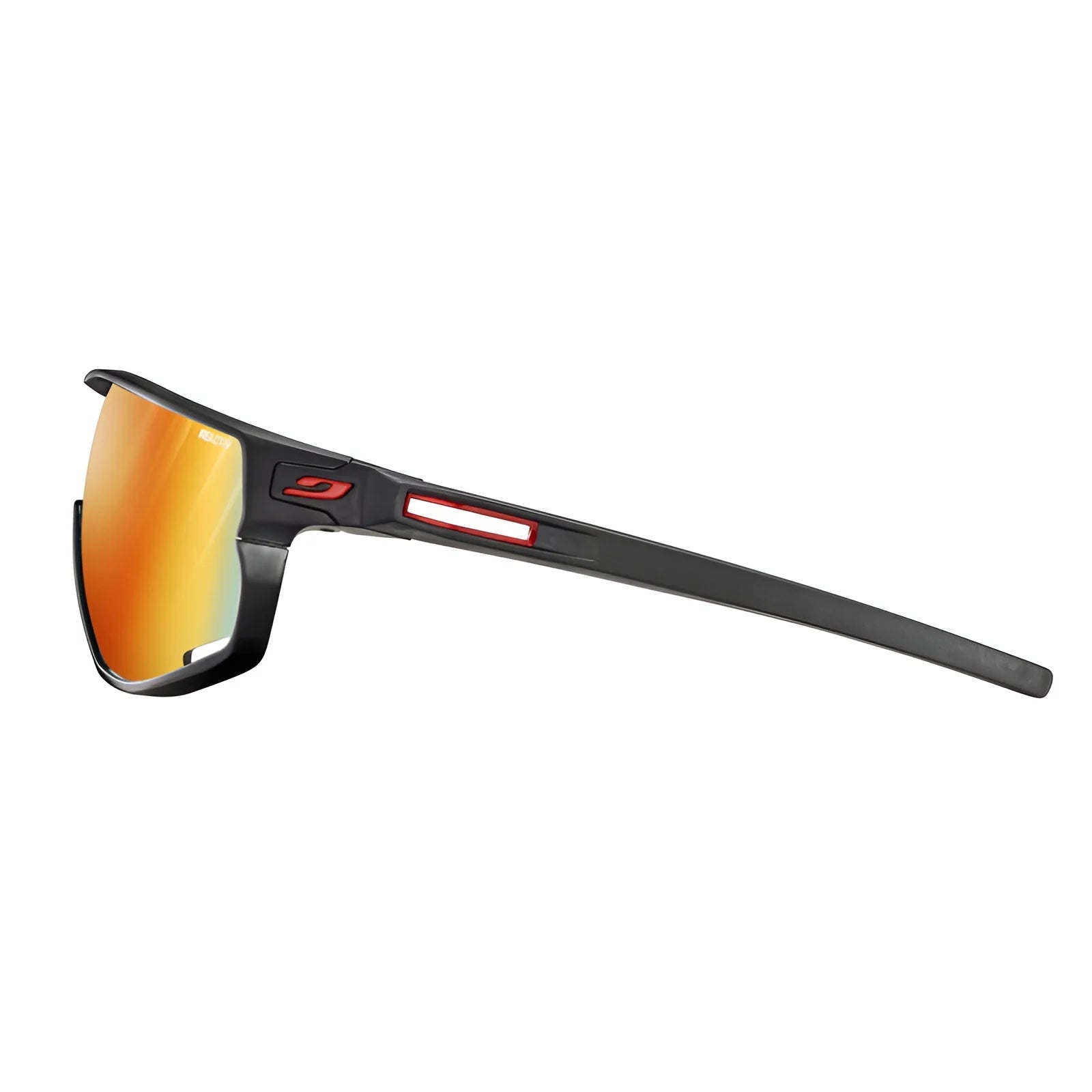 The Julbo Rush Sunglasses feature a sleek side view with black frames, red accents, orange reflective lenses, and adjustable temples for a custom fit.