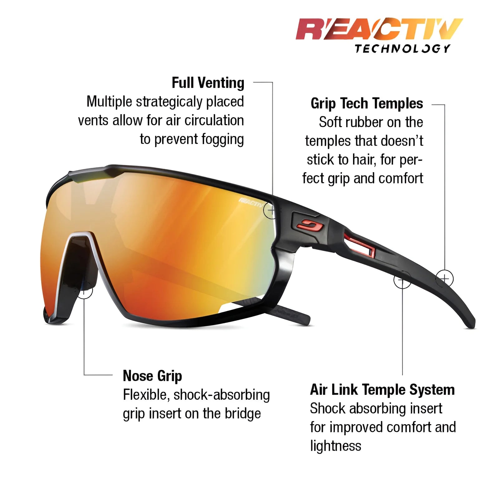 Explore the Julbo Rush Sunglasses featuring red-orange photochromic lenses for optimal adaptability. Experience superior comfort and ventilation with grip tech temples, a nose grip, and an advanced air link temple system by Julbo.