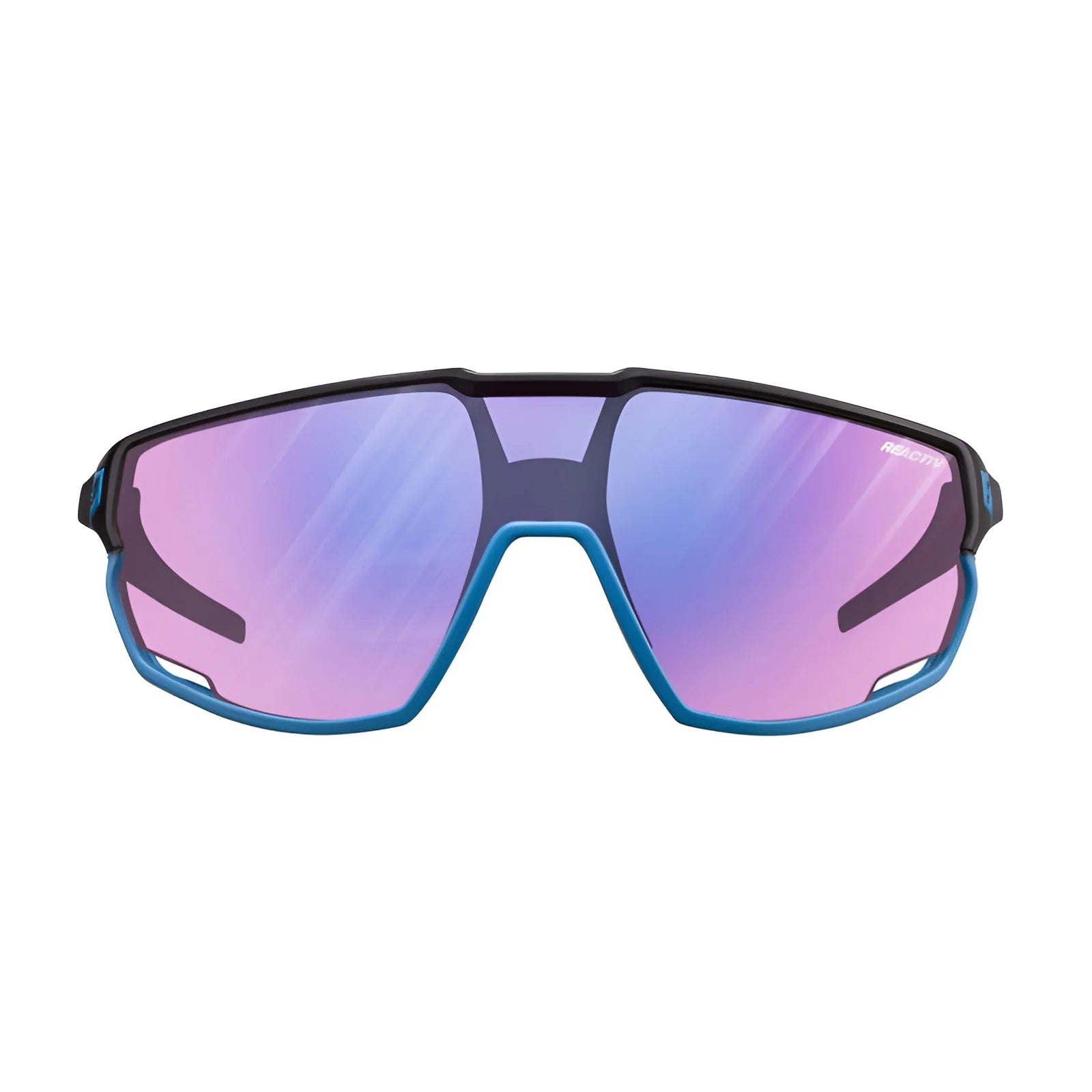 Julbo Rush Sunglasses by Julbo feature blue frames and reflective purple, photochromic lenses. Ideal for cycling enthusiasts, they offer adjustable temples for a customized fit.