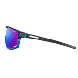 Side view of Julbo Rush Sunglasses by Julbo, showcasing sporty cycling glasses with blue frames and purple lenses, offering a sleek, modern design and adjustable temples for a customized fit.