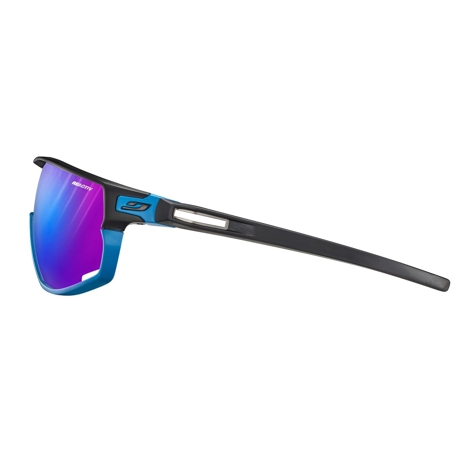 Side view of Julbo Rush Sunglasses by Julbo, showcasing sporty cycling glasses with blue frames and purple lenses, offering a sleek, modern design and adjustable temples for a customized fit.