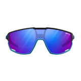 The Julbo Rush Sunglasses by Julbo feature blue mirrored, photochromic lenses and a sleek black frame with adjustable temples for an ideal fit, showcased from the front view.