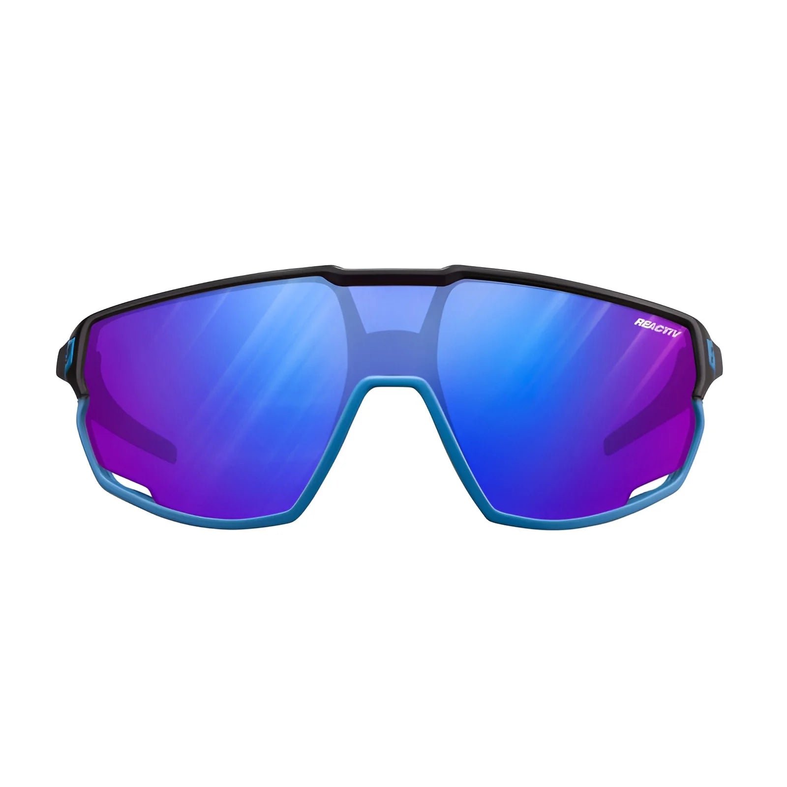 The Julbo Rush Sunglasses by Julbo feature blue mirrored, photochromic lenses and a sleek black frame with adjustable temples for an ideal fit, showcased from the front view.