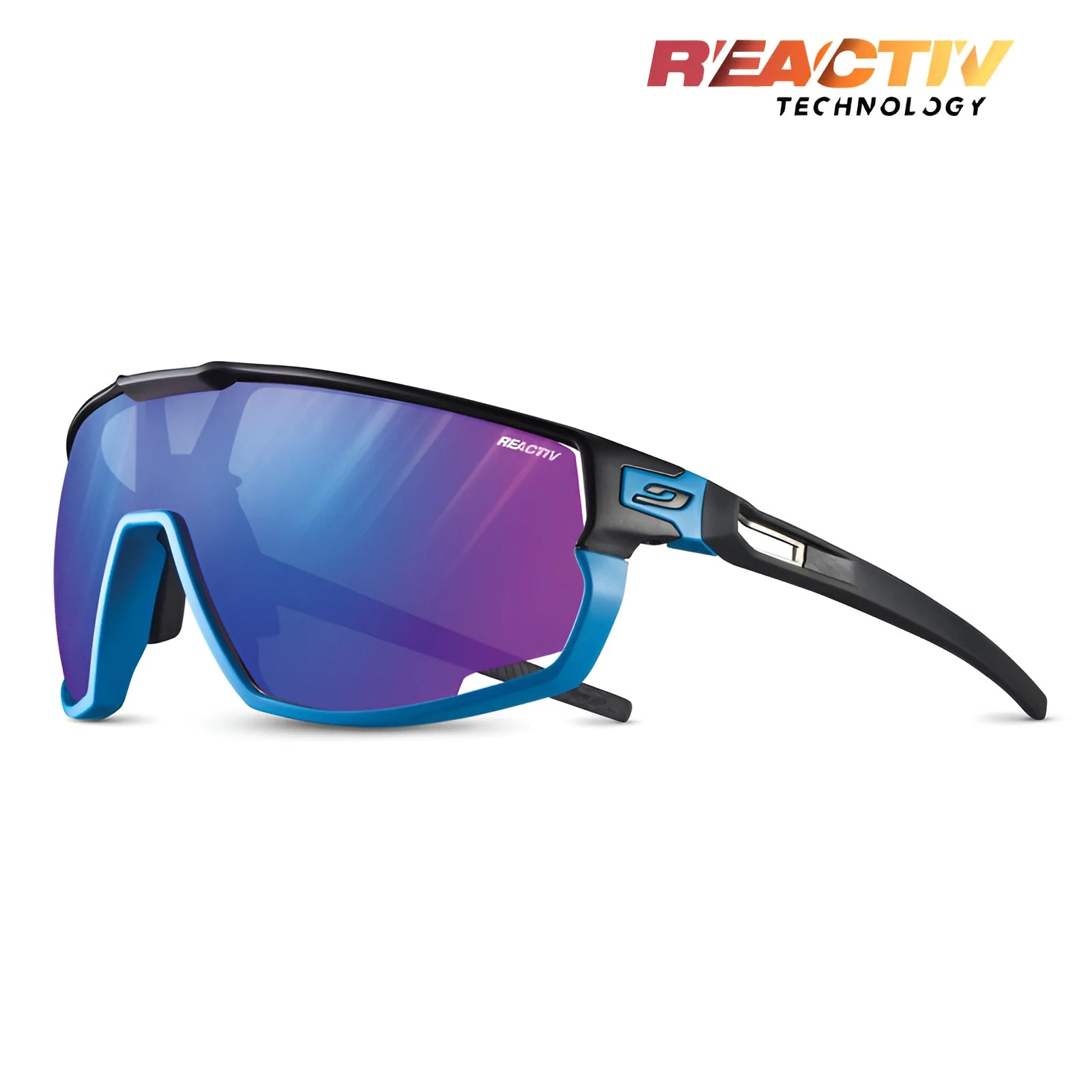 The Julbo Rush Sunglasses by Julbo feature blue-tinted photochromic lenses, sleek black-and-blue frames with REACTIV Technology branding, and adjustable temples for a perfect fit.